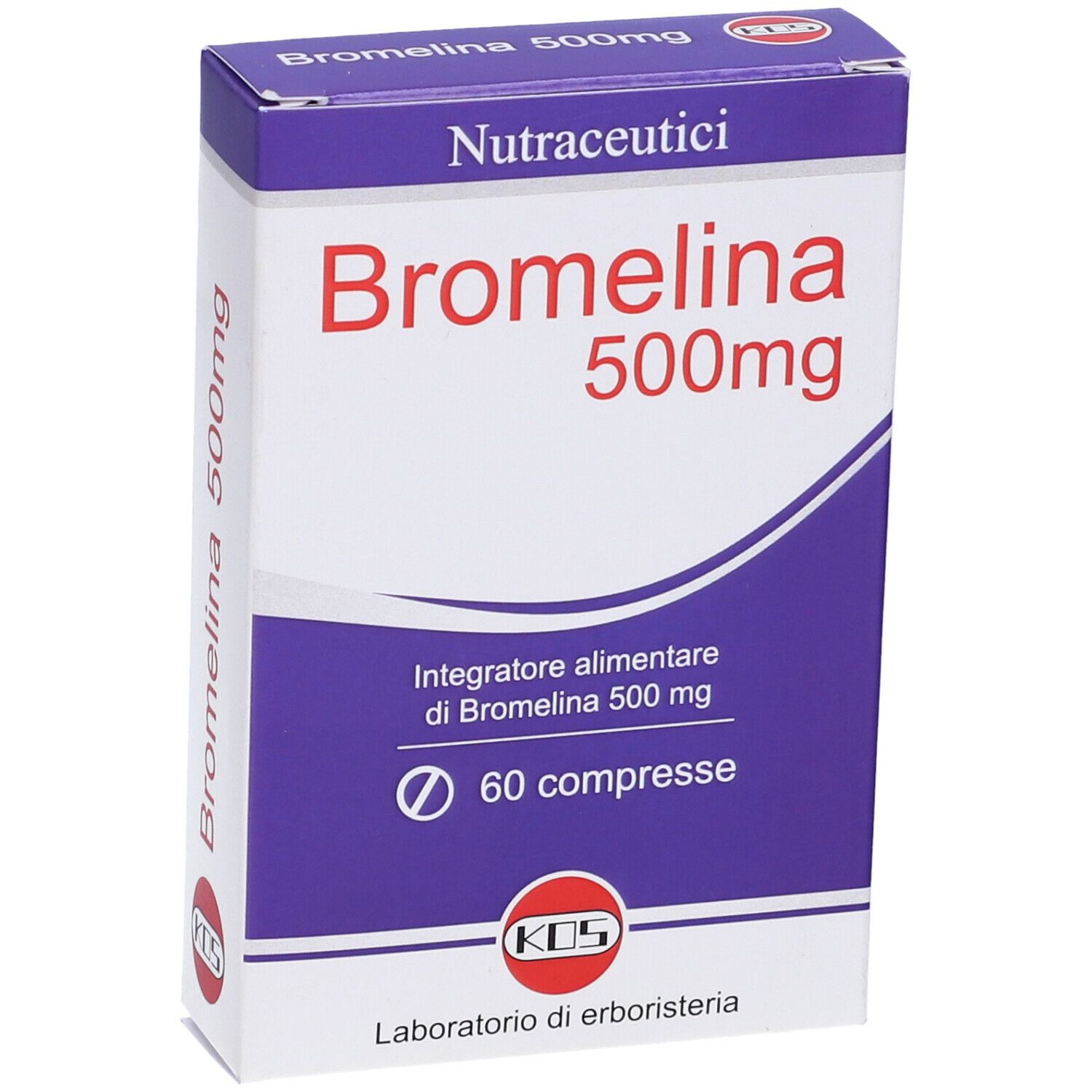 Scatola di Bromelina 500mg, confezione blu e bianca. Contiene 60 compresse. Marchio KDS.