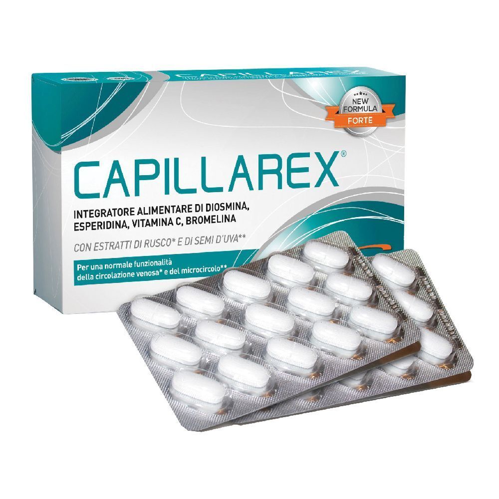 Confezione di integratore alimentare CAPILLAREX. Contiene diosmina, esperidina, vitamina C, bromelina. Compresse bianche in blister.