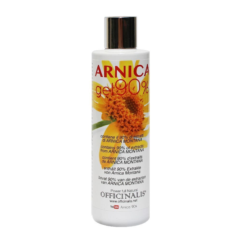 Flacone di Arnica Gel 90%. Etichetta bianca con nome prodotto, fiore giallo e informazioni.