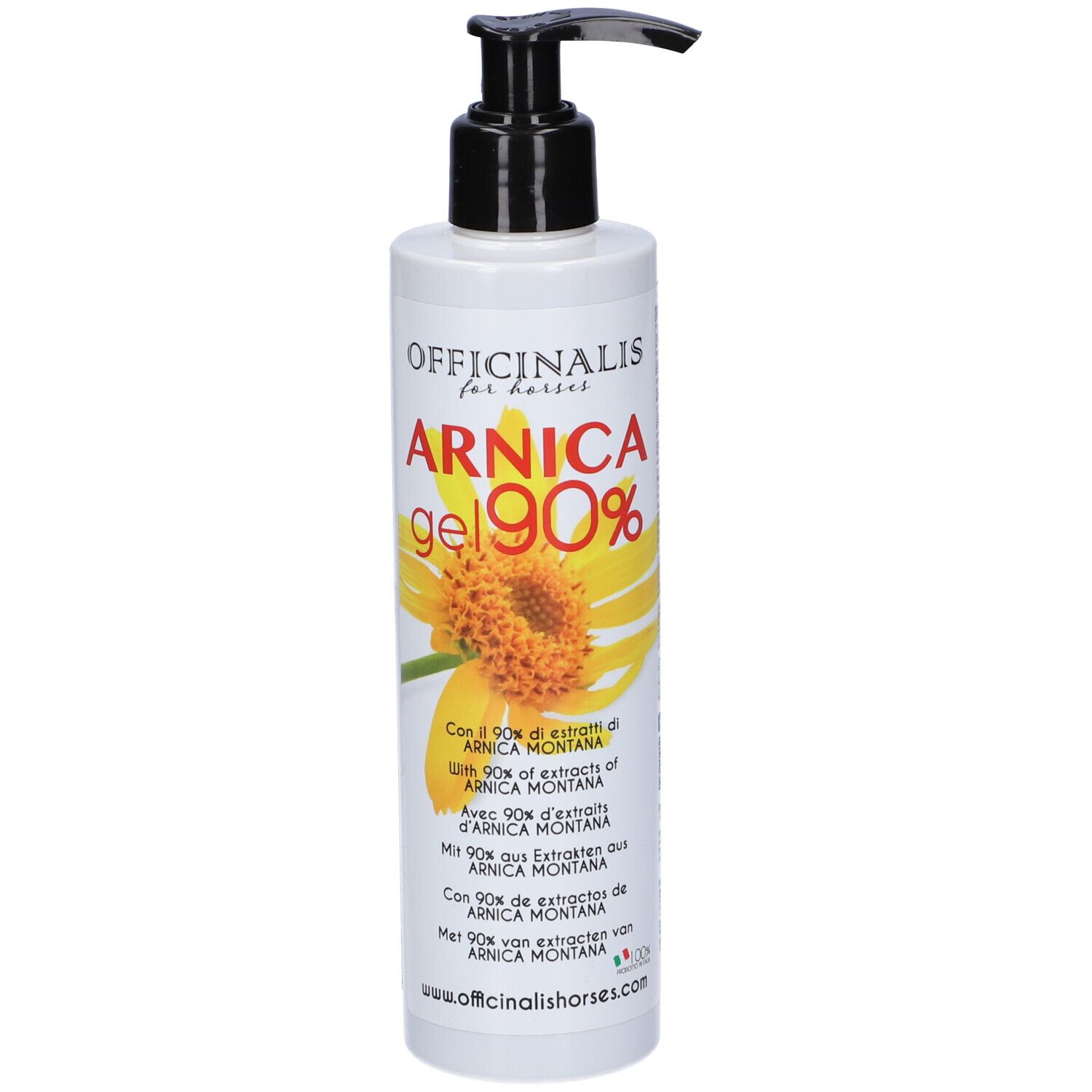 Flacone di Arnica Gel 90% con dosatore. Etichetta bianca, fiore giallo, nome e informazioni.
