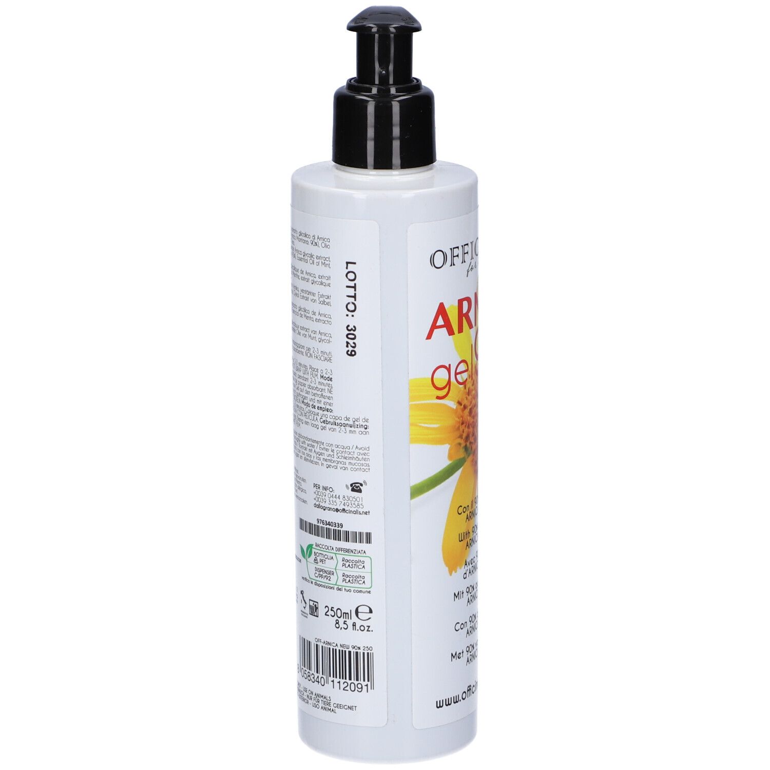 Retro del flacone di Arnica Gel 90%. Etichetta con ingredienti, numero di lotto e certificazioni.
