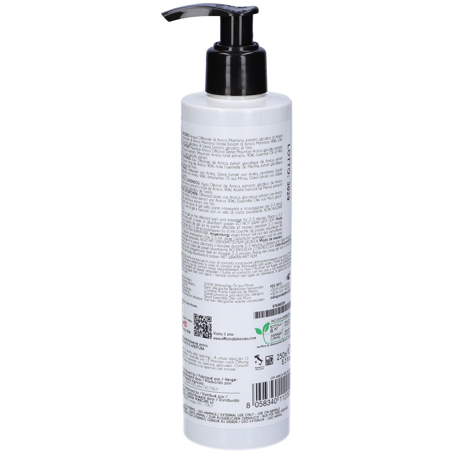 Retro del flacone di Arnica Gel 90%. Etichetta con ingredienti, numero di lotto e certificazioni.
