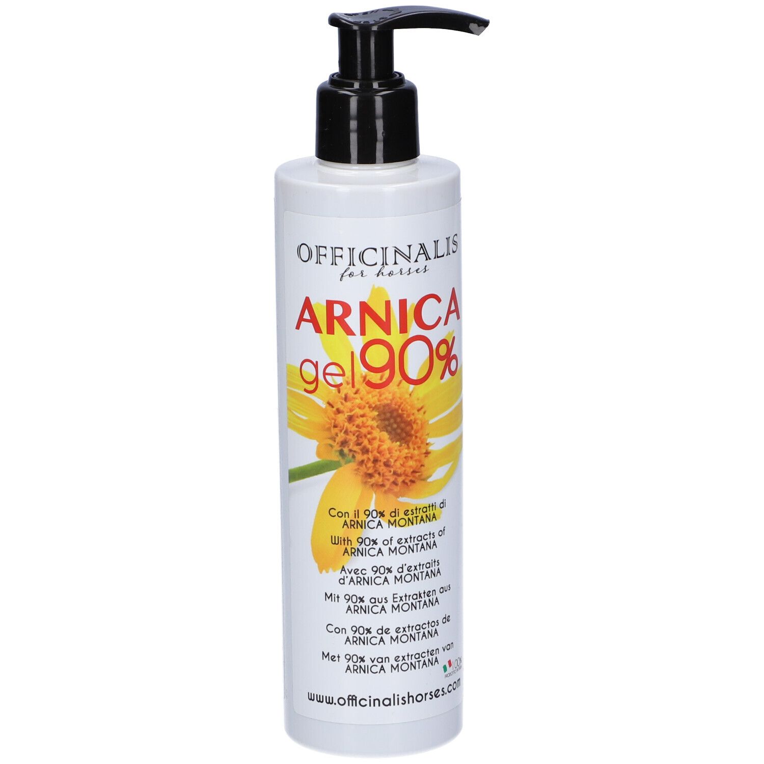 Flacone di Arnica Gel 90% con dosatore. Etichetta bianca, fiore giallo, nome e informazioni.