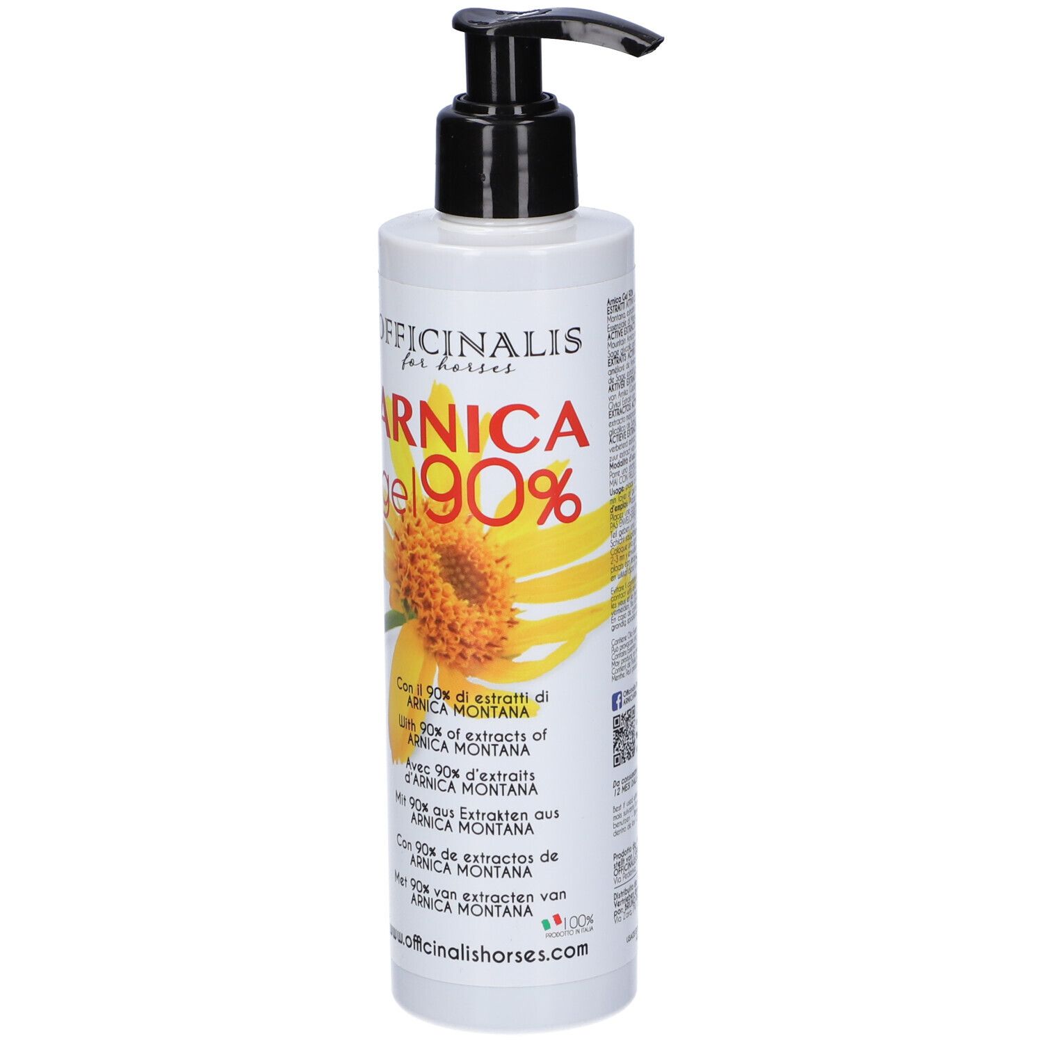 Flacone di Arnica Gel 90% con dosatore. Etichetta bianca, fiore giallo, nome e informazioni.