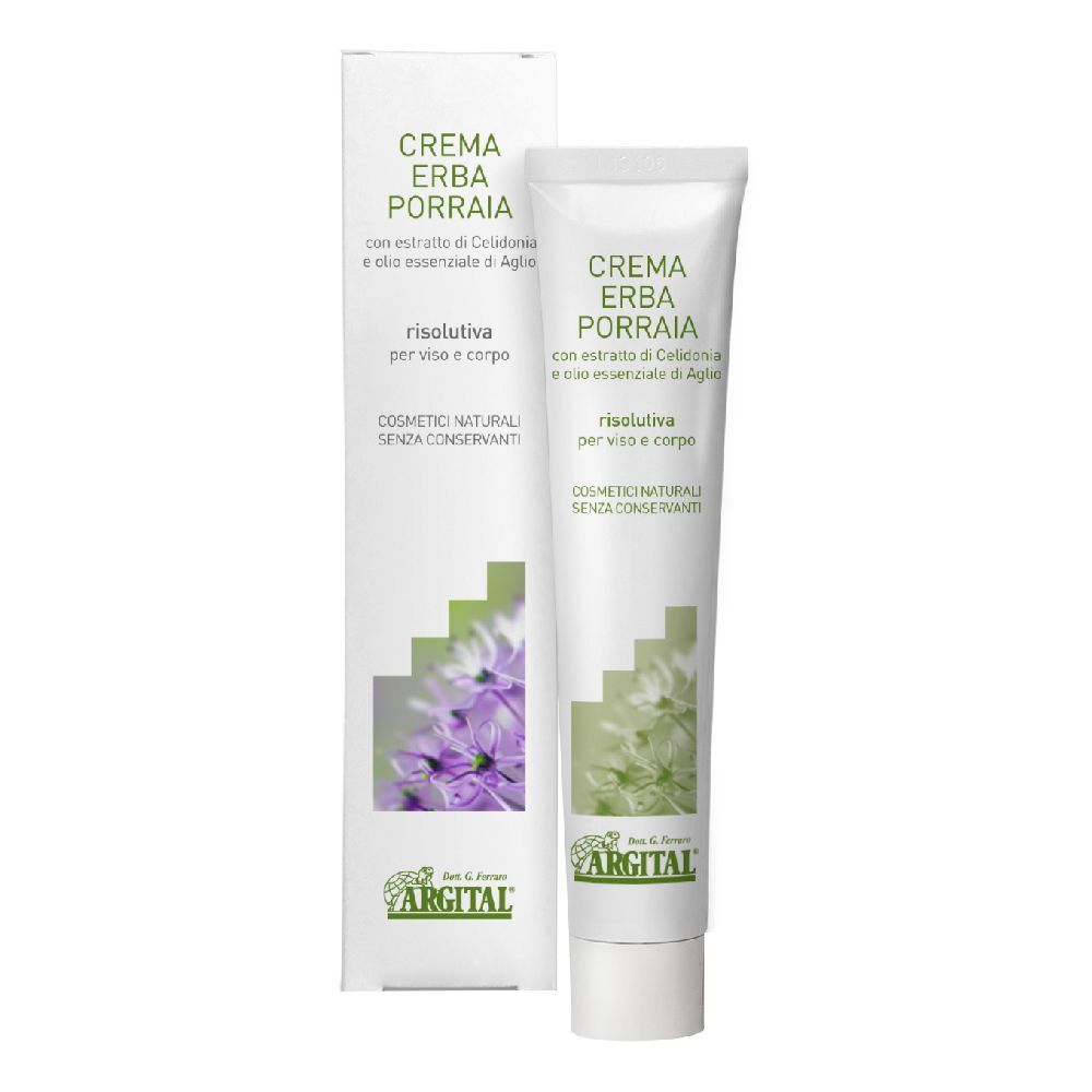 Tubo di crema e scatola. Scritta: CREMA ERBA PORRAIA. Marchio: ARGITAL. Prodotto cosmetico per viso e corpo.