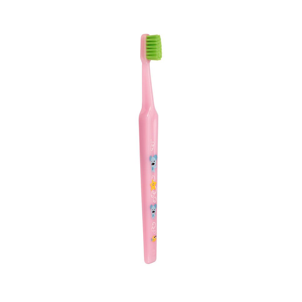 Spazzolino rosa con testina verde. Sul manico sono raffigurate illustrazioni.