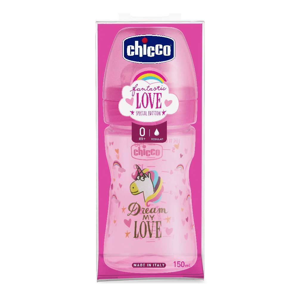 Biberon rosa con coperchio. Scritta "Fantastic Love" e illustrazione unicorno. Marchio Chicco. Confezione.