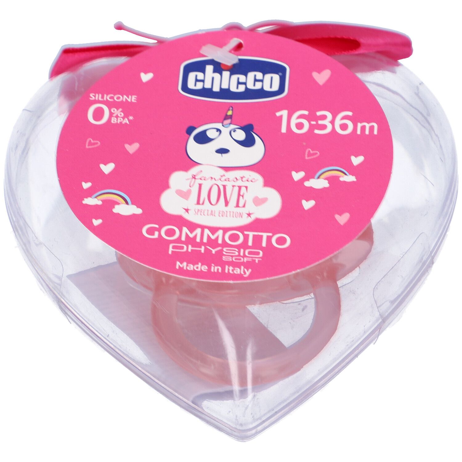 Succhietto rosa in confezione a forma di cuore. Con stampa: "Chicco", "Gommotto", "16-36m". Include fiocco ed etichetta.