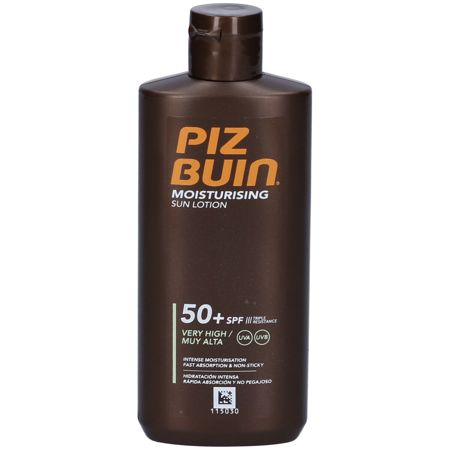 Flacone marrone con logo Piz Buin e scritta 'Moisturising Sun Lotion SPF 50+'.