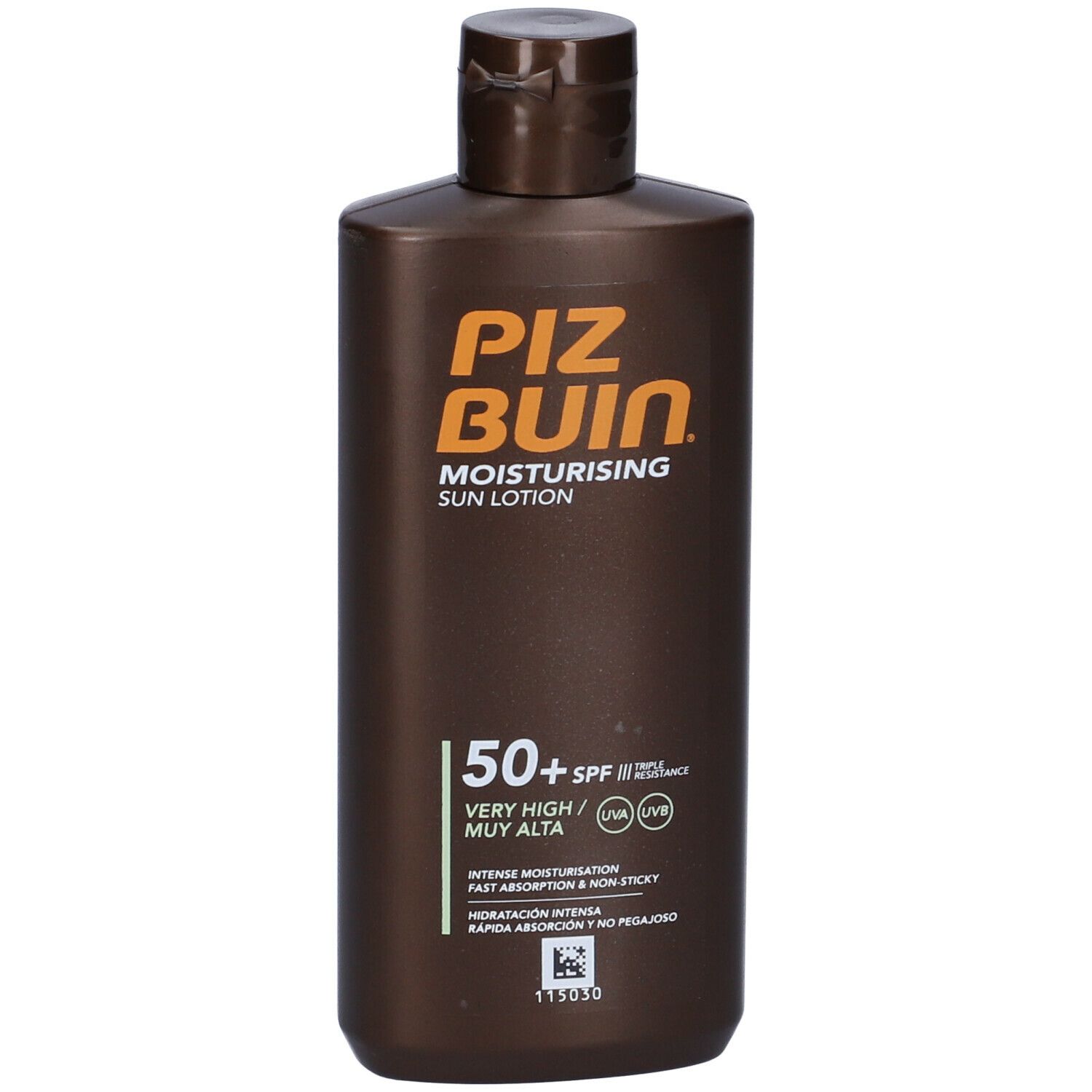 Flacone marrone con logo Piz Buin e scritta 'Moisturising Sun Lotion SPF 50+'.