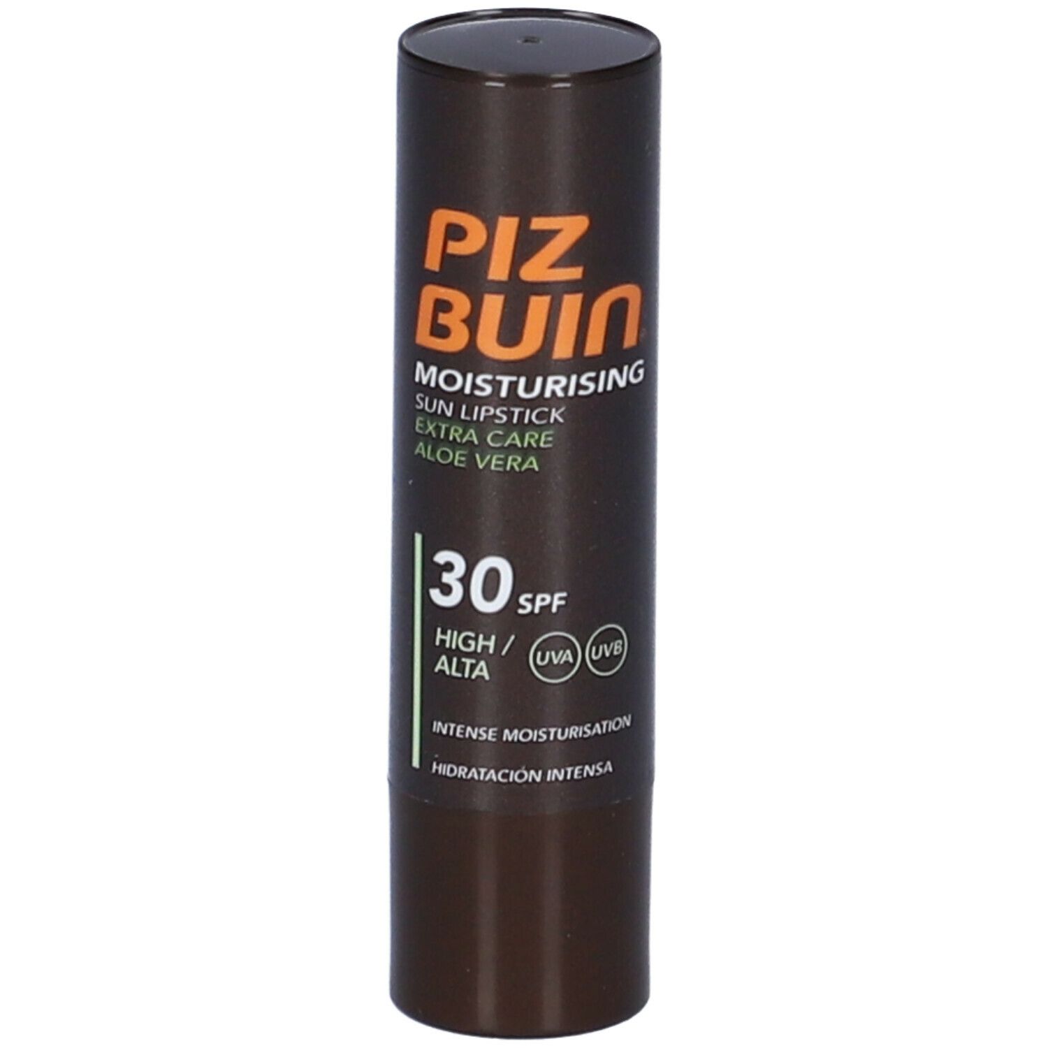 Tubo di rossetto marrone. Testo: PIZ BUIN, Moisturising Sun Lipstick, Extra Care Aloe Vera, SPF 30. Simboli UV.