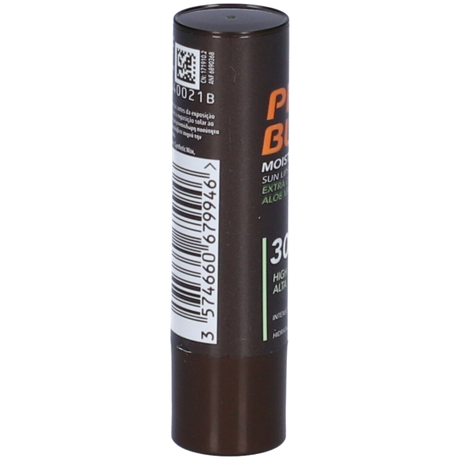 Tubo di rossetto marrone. Codice a barre e testo laterale. Testo: PIZ BUIN, Moisturising Sun Lipstick, Extra Care Aloe Vera, SPF 30.