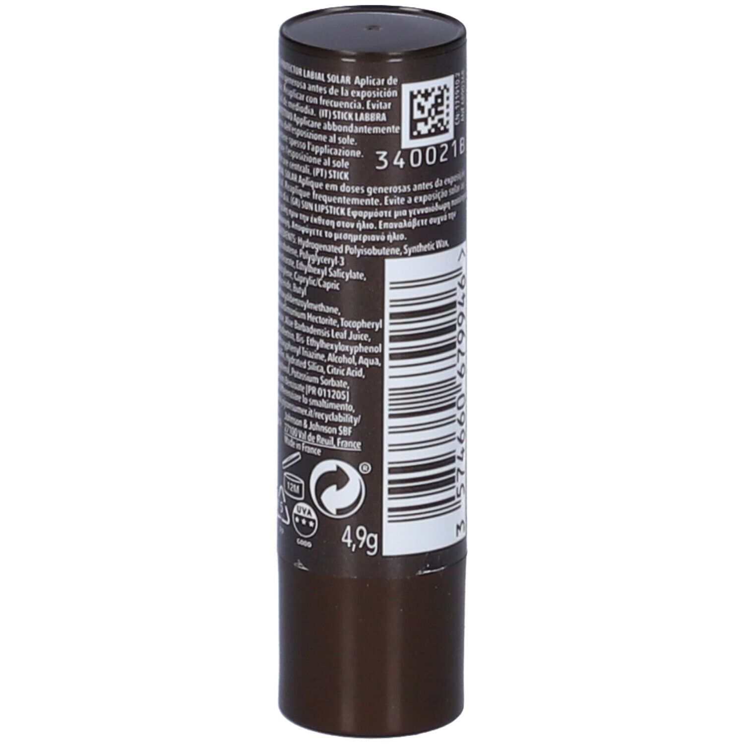 Tubo di rossetto marrone. Testo e codice a barre laterali. Testo: 4,9g. Simboli di riciclaggio.
