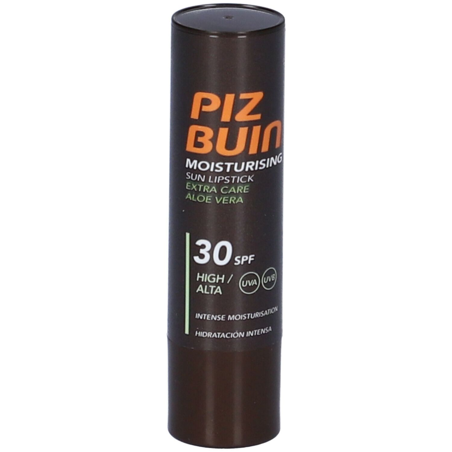 Tubo di rossetto marrone. Testo: PIZ BUIN, Moisturising Sun Lipstick, Extra Care Aloe Vera, SPF 30. Simboli UV.