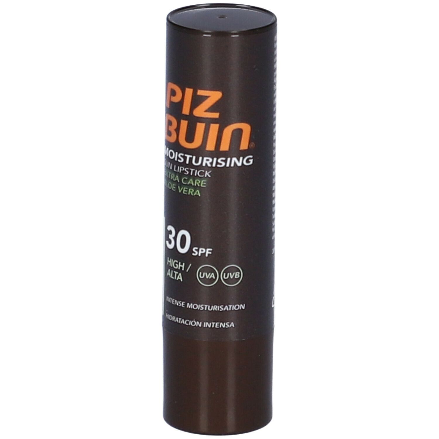 Tubo di rossetto marrone. Testo: PIZ BUIN, Moisturising Sun Lipstick, Extra Care Aloe Vera, SPF 30. Simboli UV.