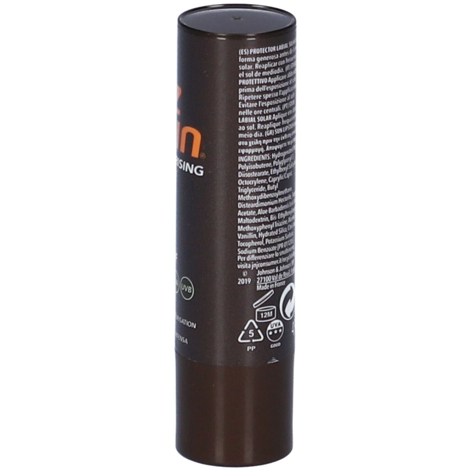 Tubo di rossetto marrone. Testo e simboli di riciclaggio. Testo: 4,9g. Ingredienti.
