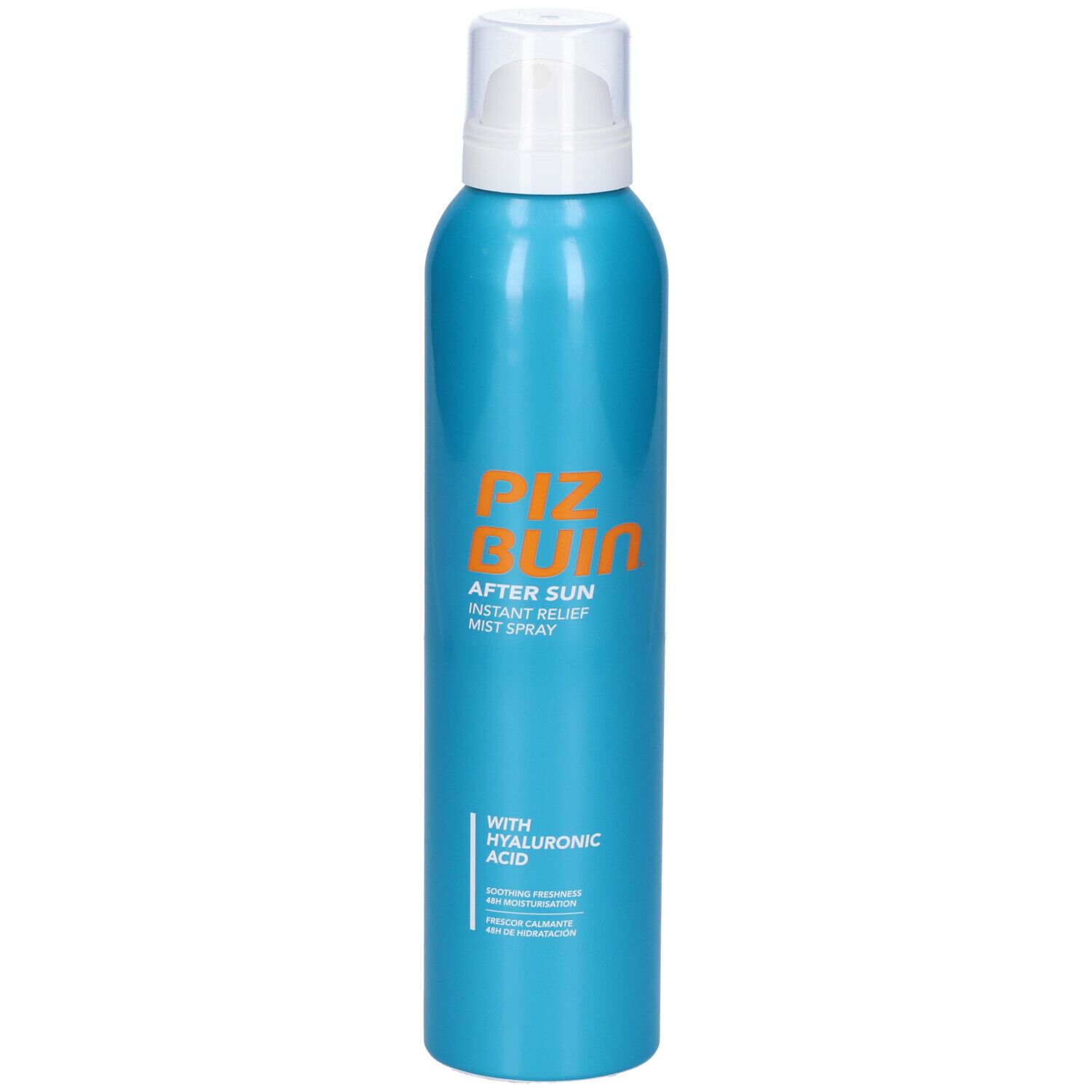 Flacone spray blu turchese con erogatore bianco. Scritta arancione: Piz Buin After Sun Instant Relief Mist Spray. Con acido ialuronico.
