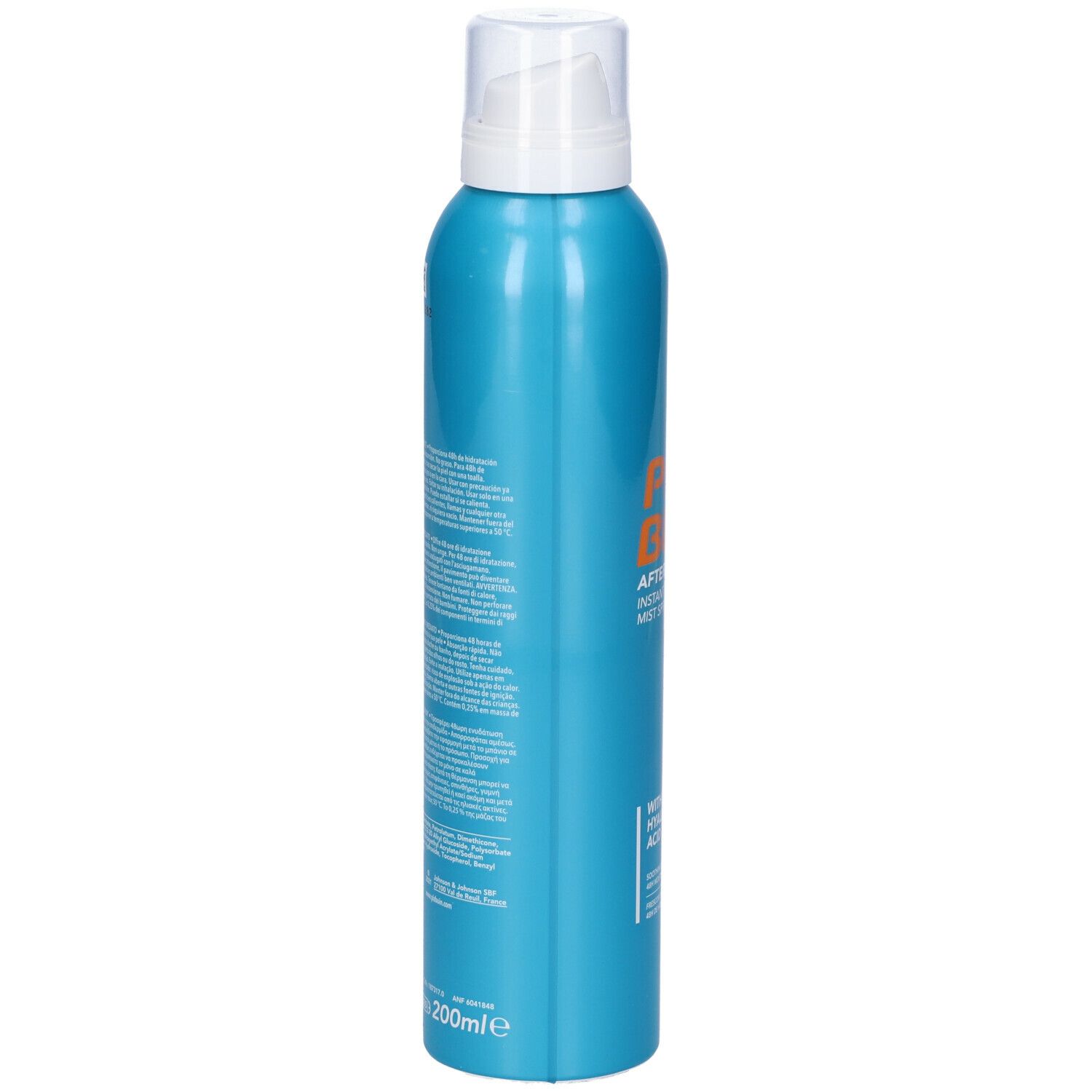 Flacone spray blu turchese. Retro con testo multilingue. Erogatore bianco. In basso: 200 ml.