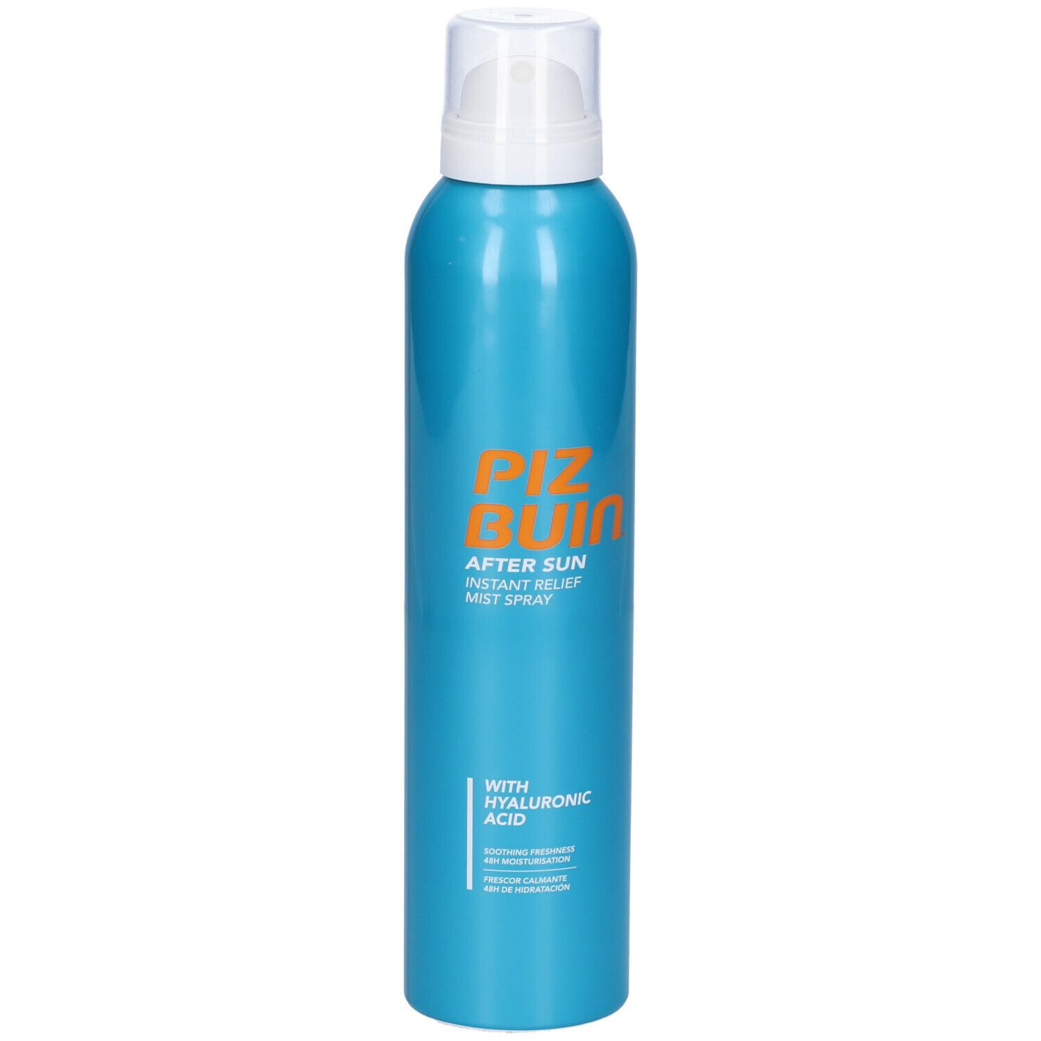Flacone spray blu turchese con erogatore bianco. Scritta arancione: Piz Buin After Sun Instant Relief Mist Spray. Con acido ialuronico.