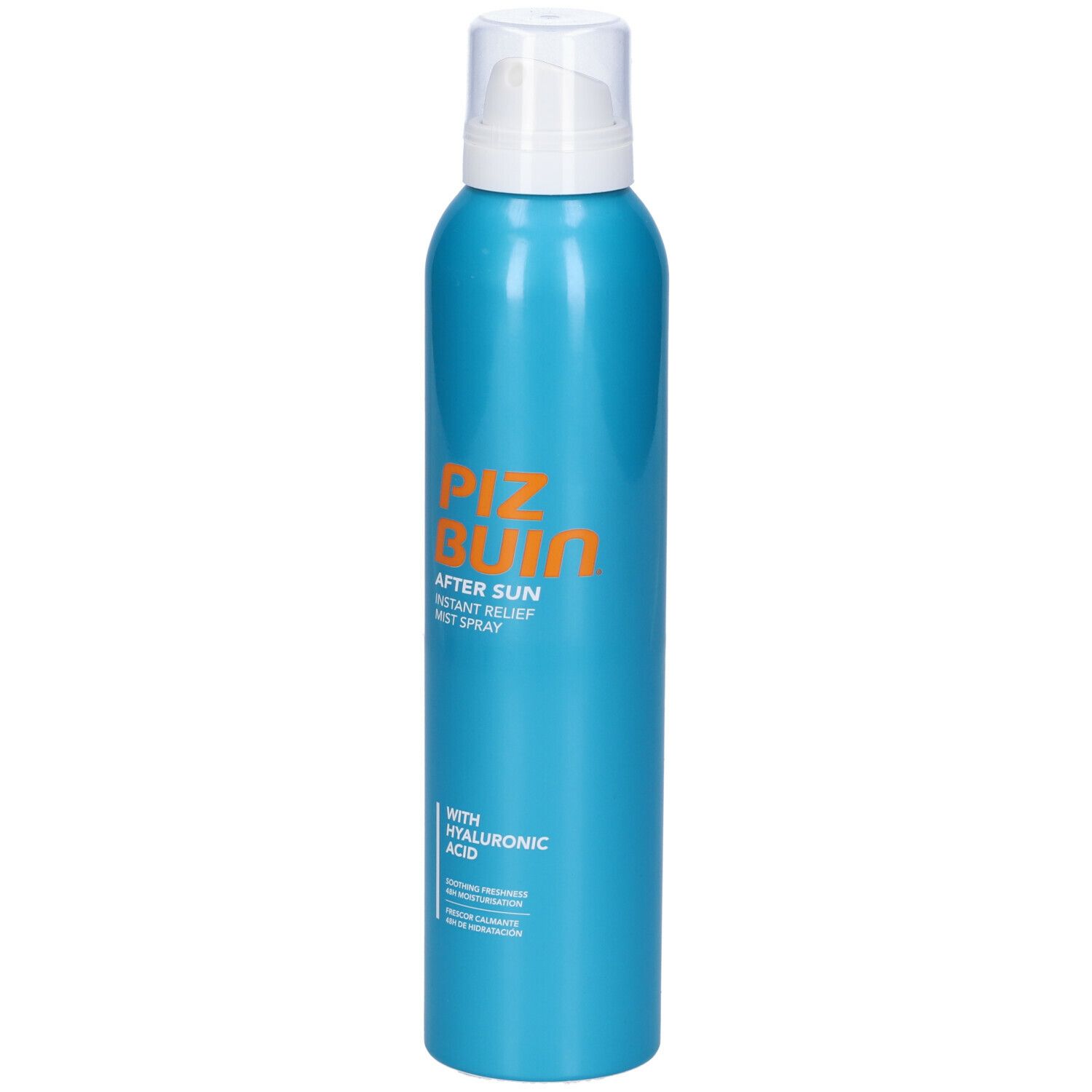 Flacone spray blu turchese con erogatore bianco. Scritta arancione: Piz Buin After Sun Instant Relief Mist Spray. Con acido ialuronico.