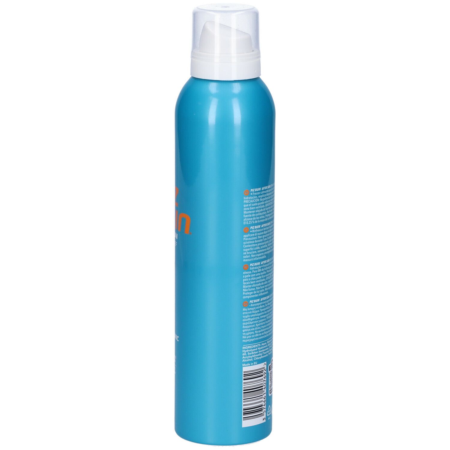Flacone spray blu turchese. Retro con testo. Erogatore bianco. In basso: codice a barre.