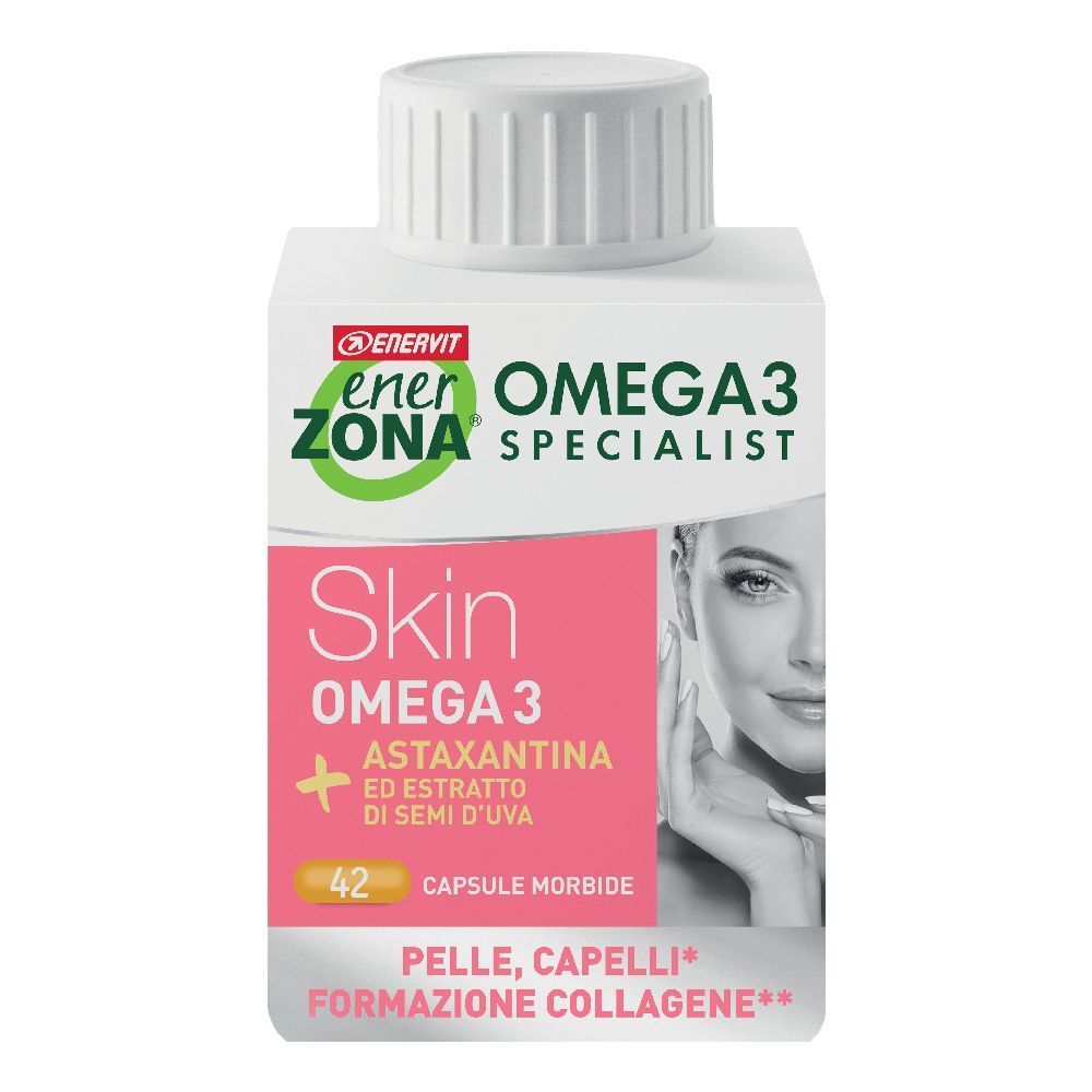 Flacone di integratore con capsule. Etichetta rosa con nome e ingredienti. Volto femminile. Marchio ENERVIT® EnerZona.