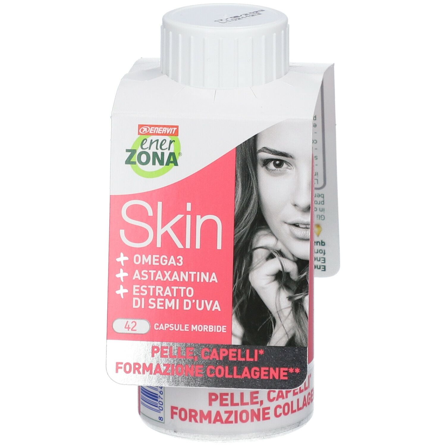 Flacone di integratore con capsule. Etichetta rosa con nome e ingredienti. Volto femminile. Marchio ENERVIT® EnerZona.