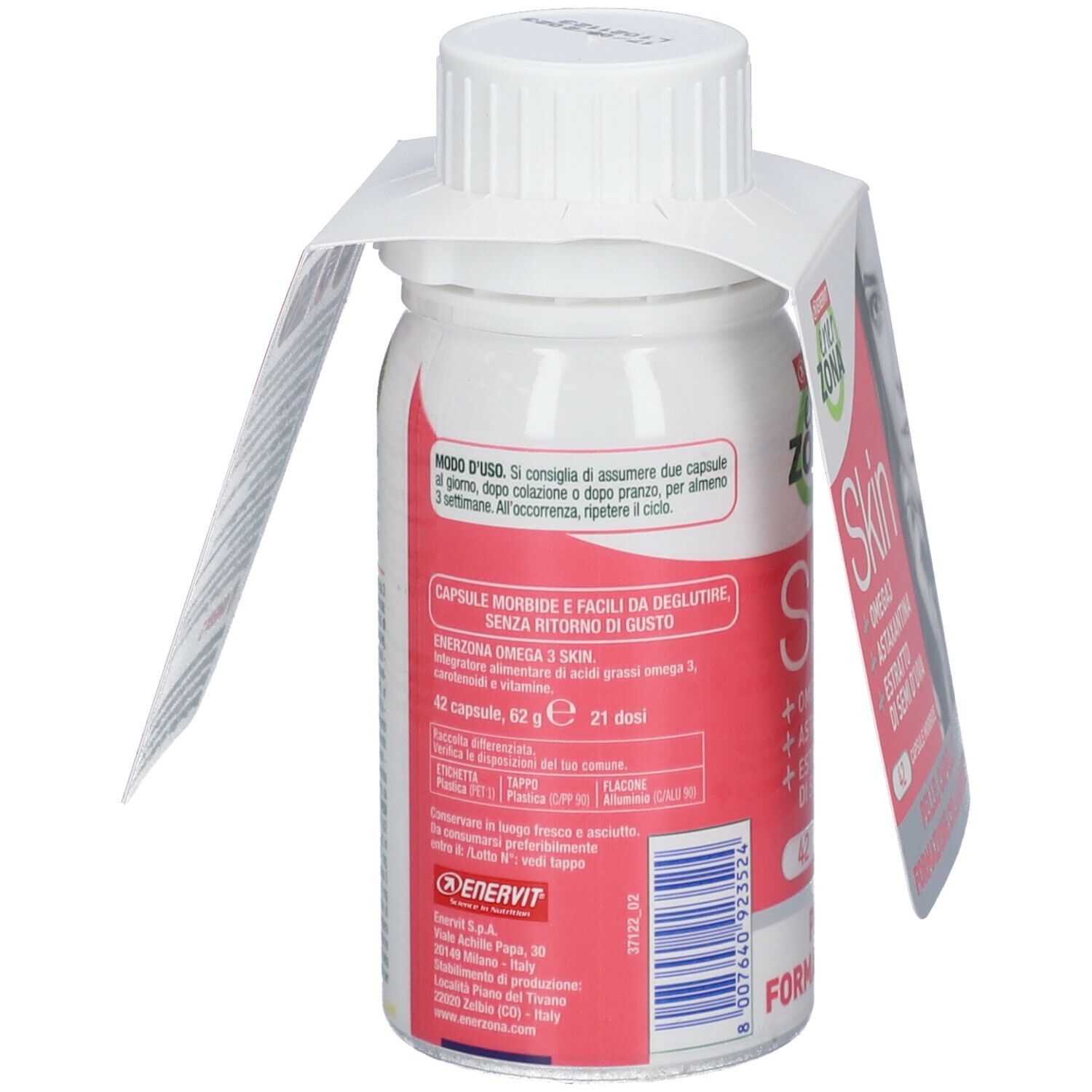 Flacone di integratore con capsule. Retro con informazioni sul prodotto. Marchio ENERVIT® EnerZona.
