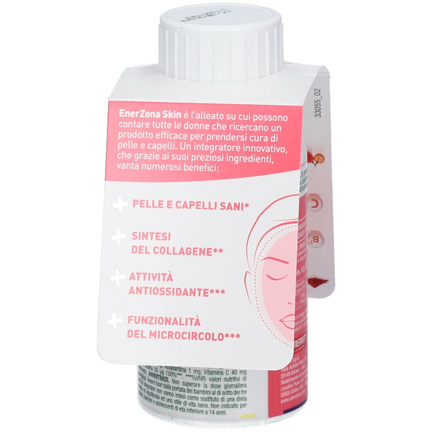 Flacone di integratore con capsule. Retro con informazioni sul prodotto. Marchio ENERVIT® EnerZona.