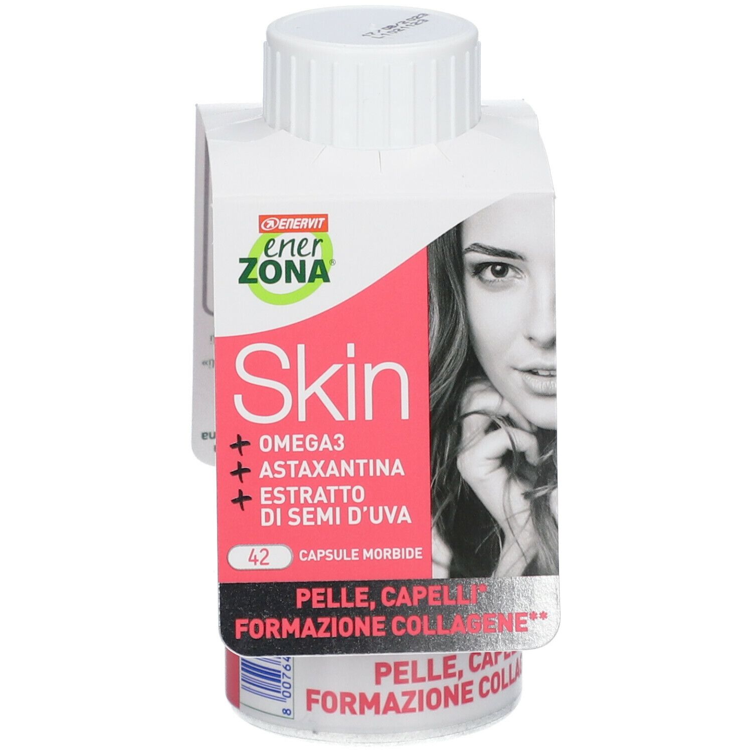Flacone di integratore con capsule. Etichetta rosa con nome e ingredienti. Marchio ENERVIT® EnerZona.
