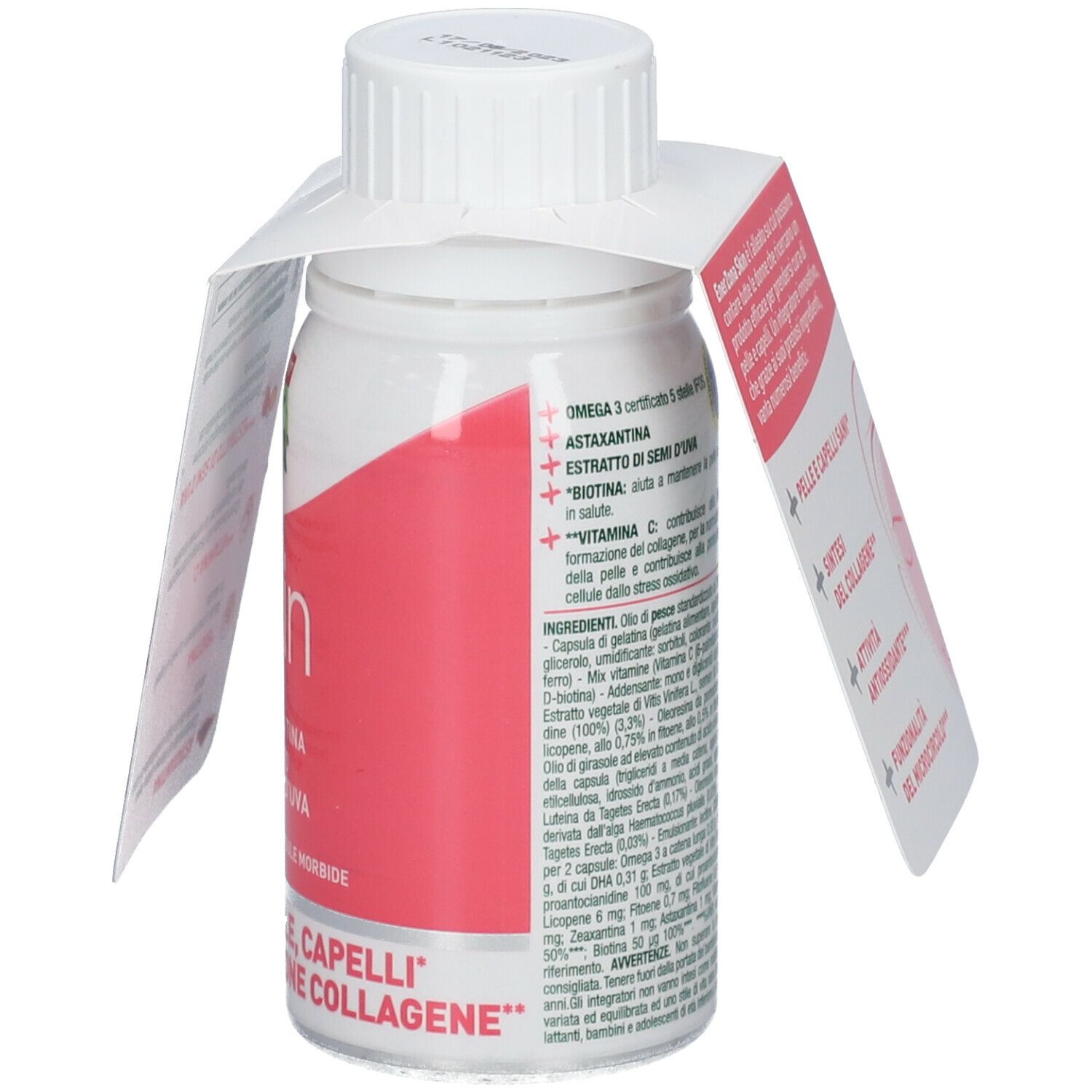 Flacone di integratore con capsule. Retro con informazioni sul prodotto. Marchio ENERVIT® EnerZona.