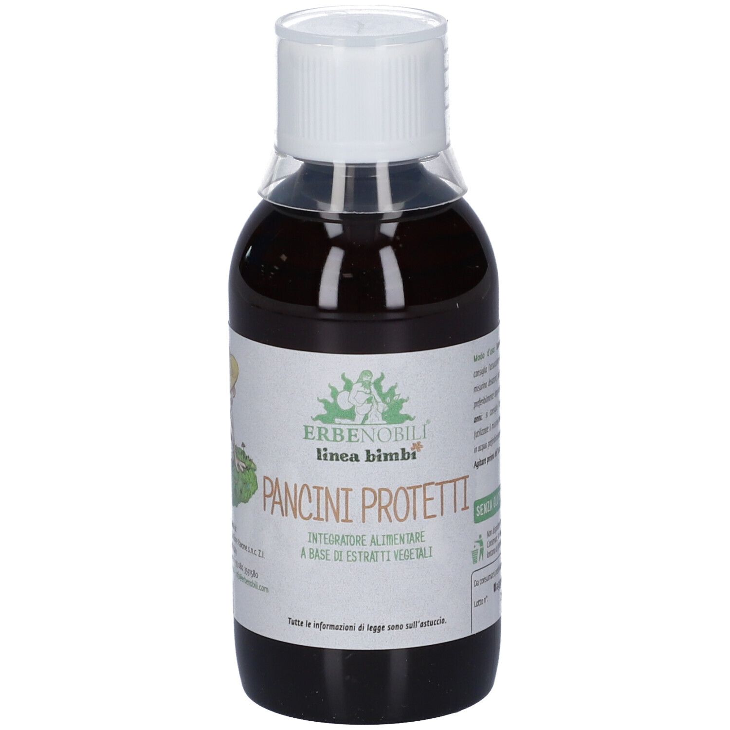 Braune Flüssigkeit in einer durchsichtigen Flasche mit weißem Verschluss, Etikett mit 'PANCINI PROTETTI'.