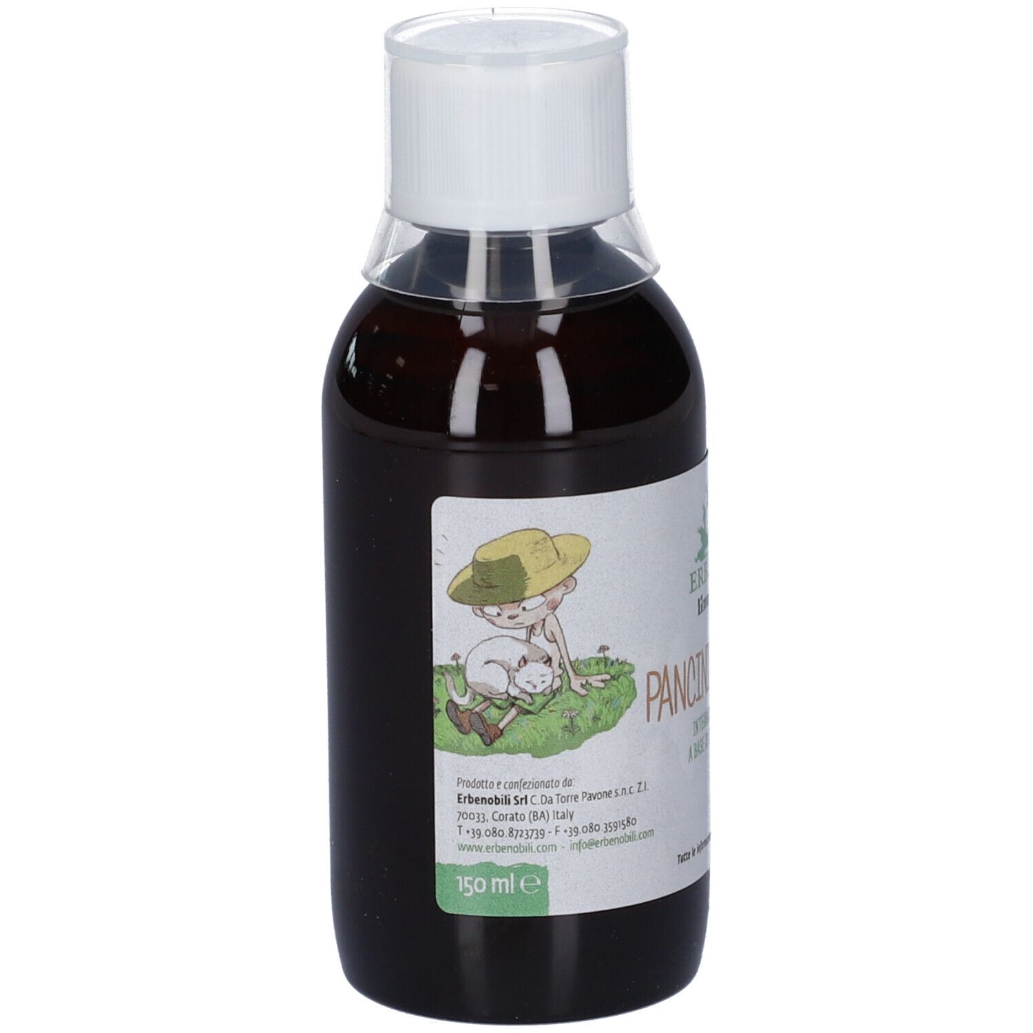 Braune Flüssigkeit in einer durchsichtigen Flasche mit weißem Verschluss und Etikett mit Illustration.