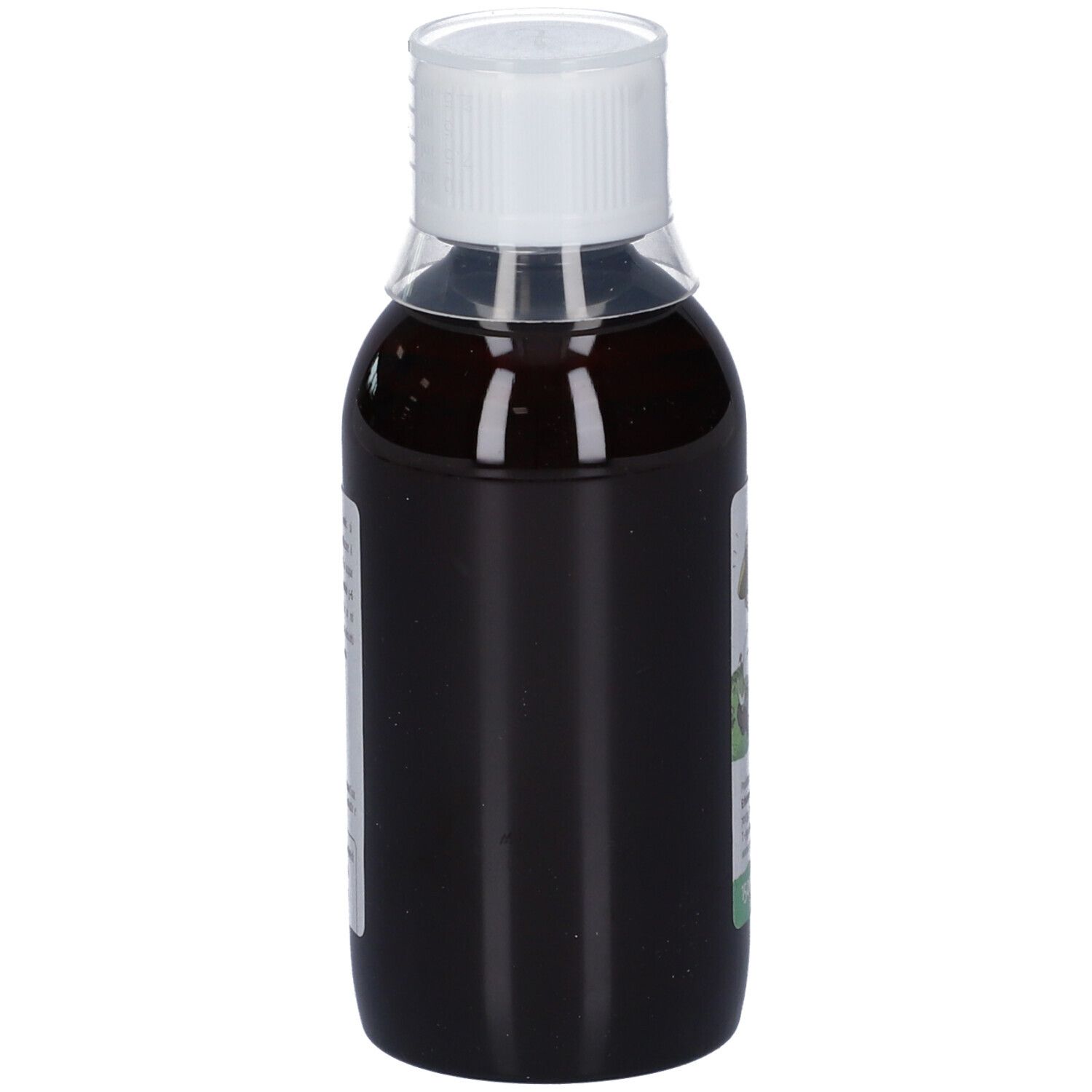 Braune Flüssigkeit in einer transparenten Flasche mit weißem Deckel.