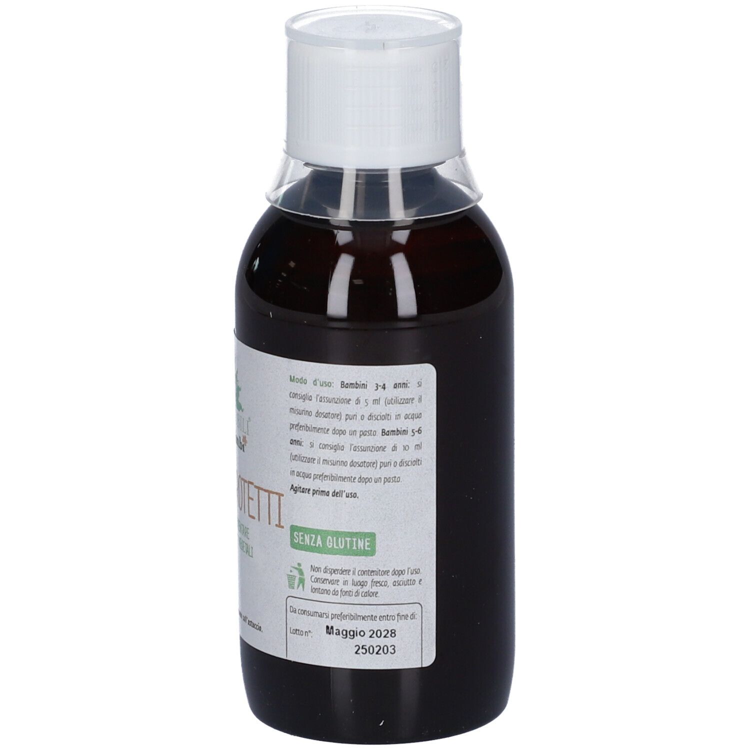 Braune Flüssigkeit in einer durchsichtigen Flasche mit weißem Deckel, 250ml.