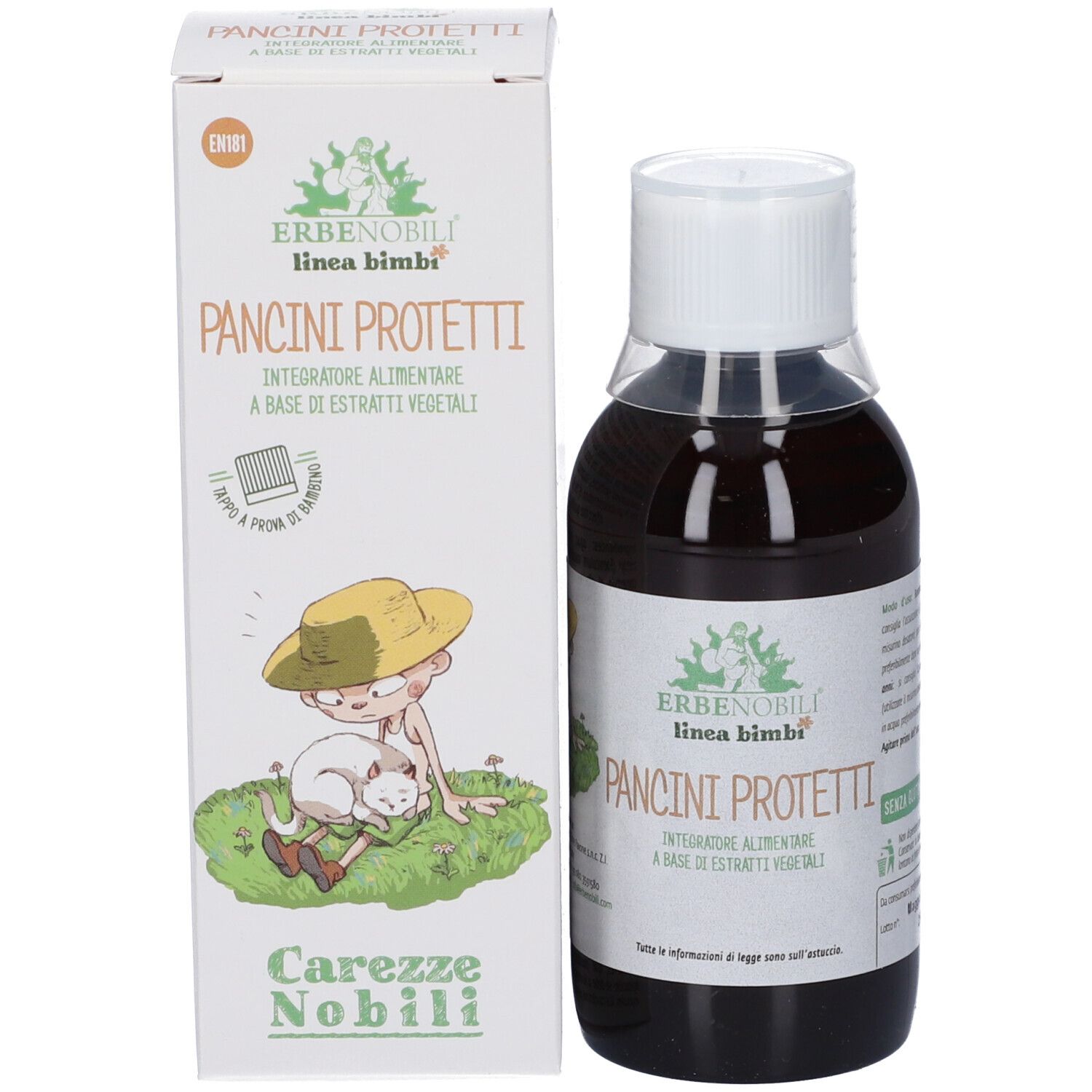 Flasche mit 'Pancini Protetti' Nahrungsergänzungsmittel und dazugehöriger Verpackung.