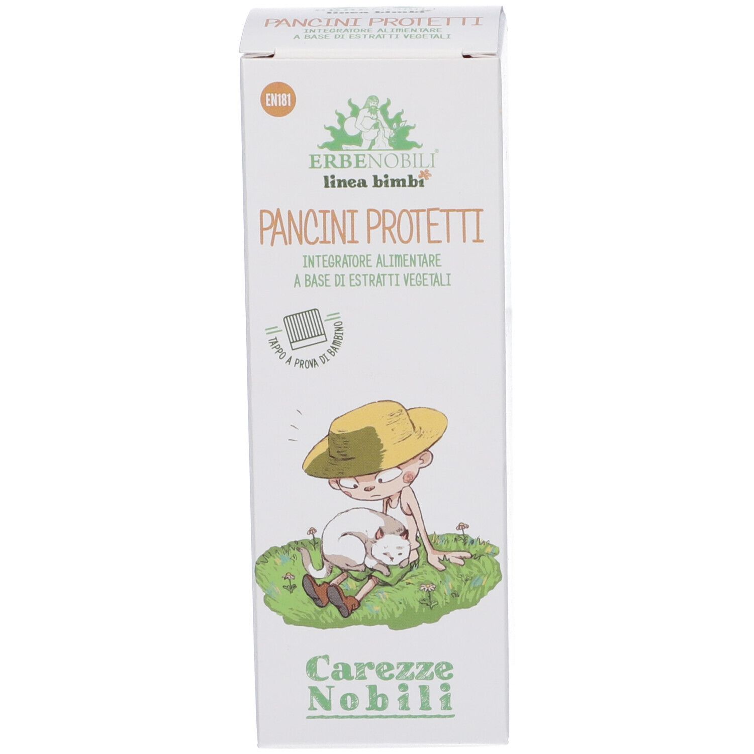 Verpackung von Erbenobili PANCINI PROTTETTI mit Kinderillustration.