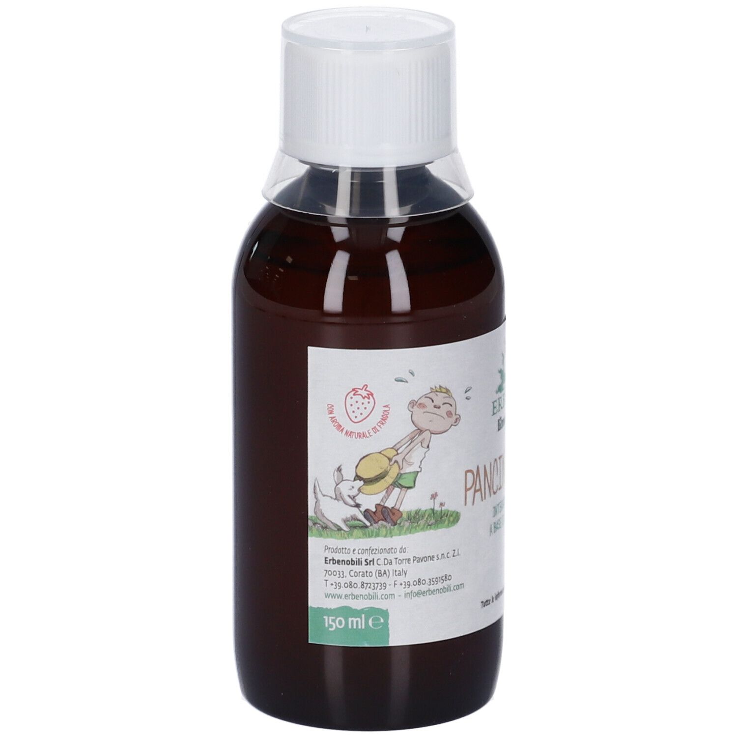 Braune Glasflasche mit weißem Schraubverschluss, 150 ml. Etikett mit Illustration eines Kindes und eines Hundes.