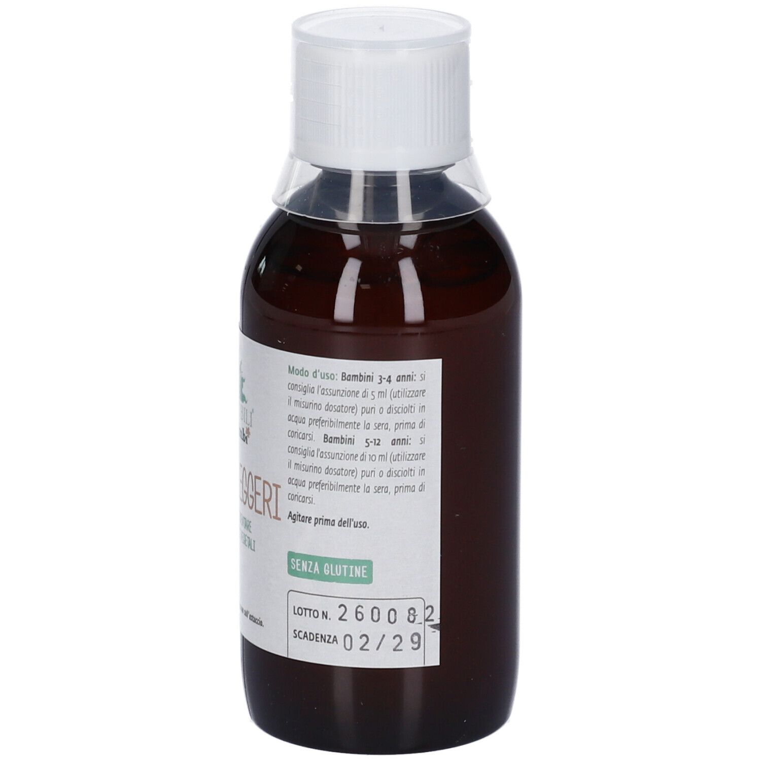 Braune Glasflasche mit weißem Verschluss, gefüllt mit dunkler Flüssigkeit. Etikett mit Kräutermotiv und italienischem Text.