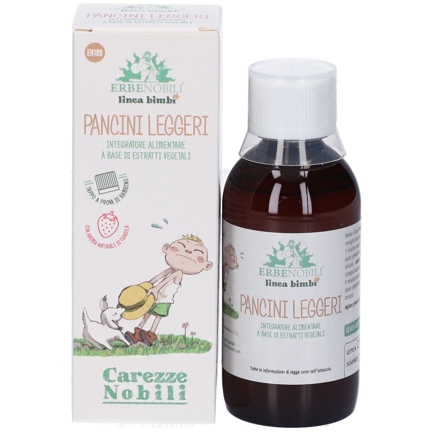 Erbennobili linea bimbi PANCINI LEGGERI, ein pflanzliches Nahrungsergänzungsmittel in brauner Glasflasche mit weißem Deckel und Kartonverpackung.