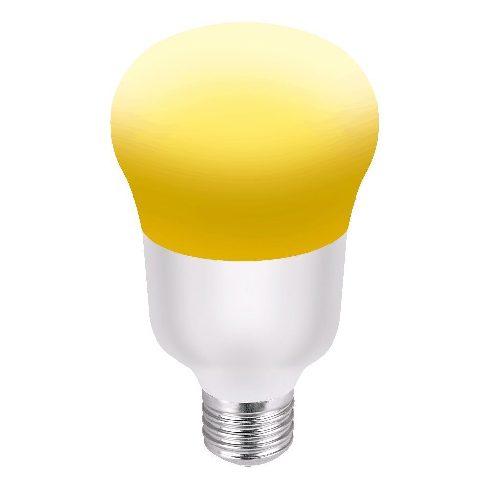 Lampadina LED gialla con base bianca. La lampadina ha una forma rotonda e una filettatura metallica.