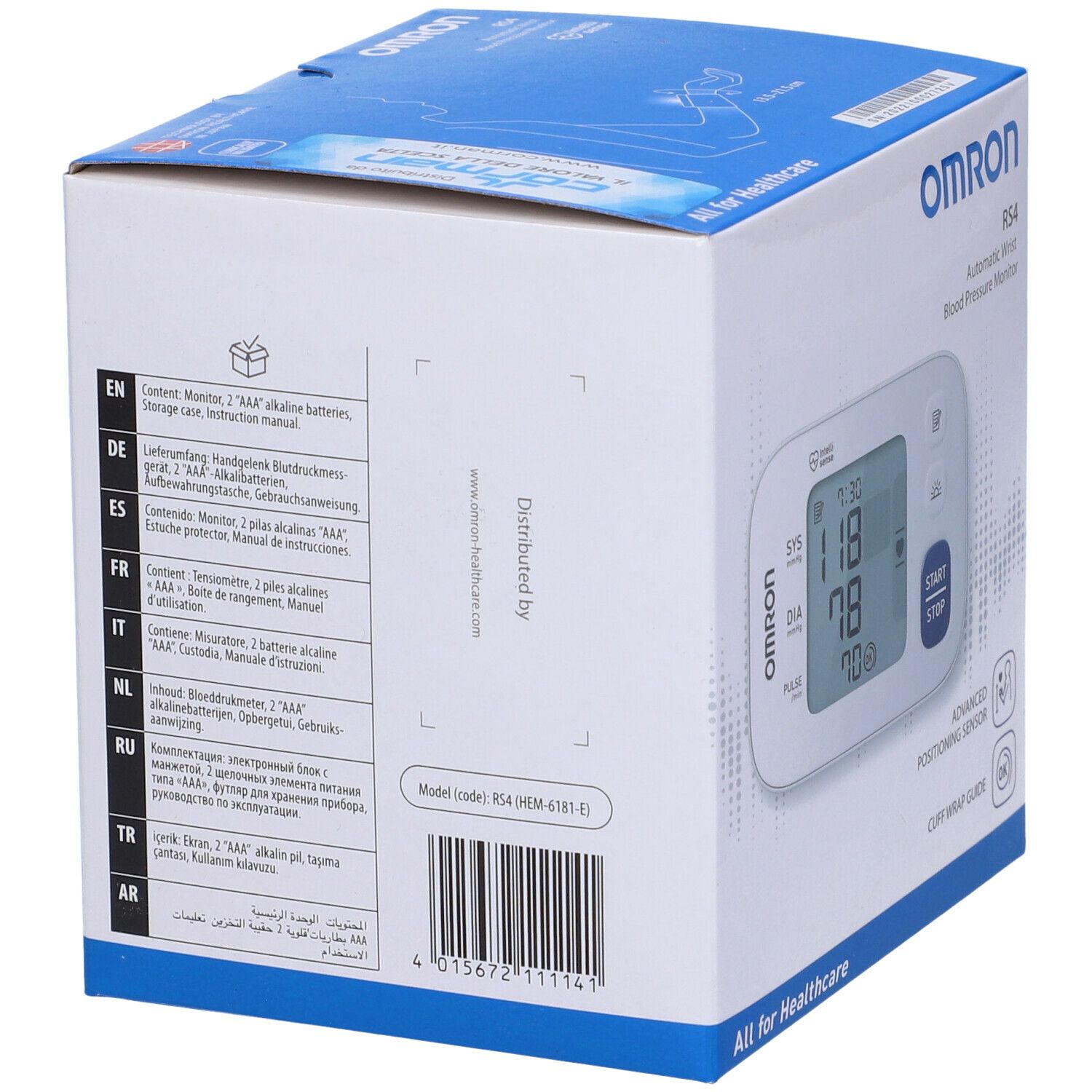 Retro della confezione Omron RS4. Informazioni multilingue. Contenuto, specifiche tecniche e codice a barre del dispositivo.