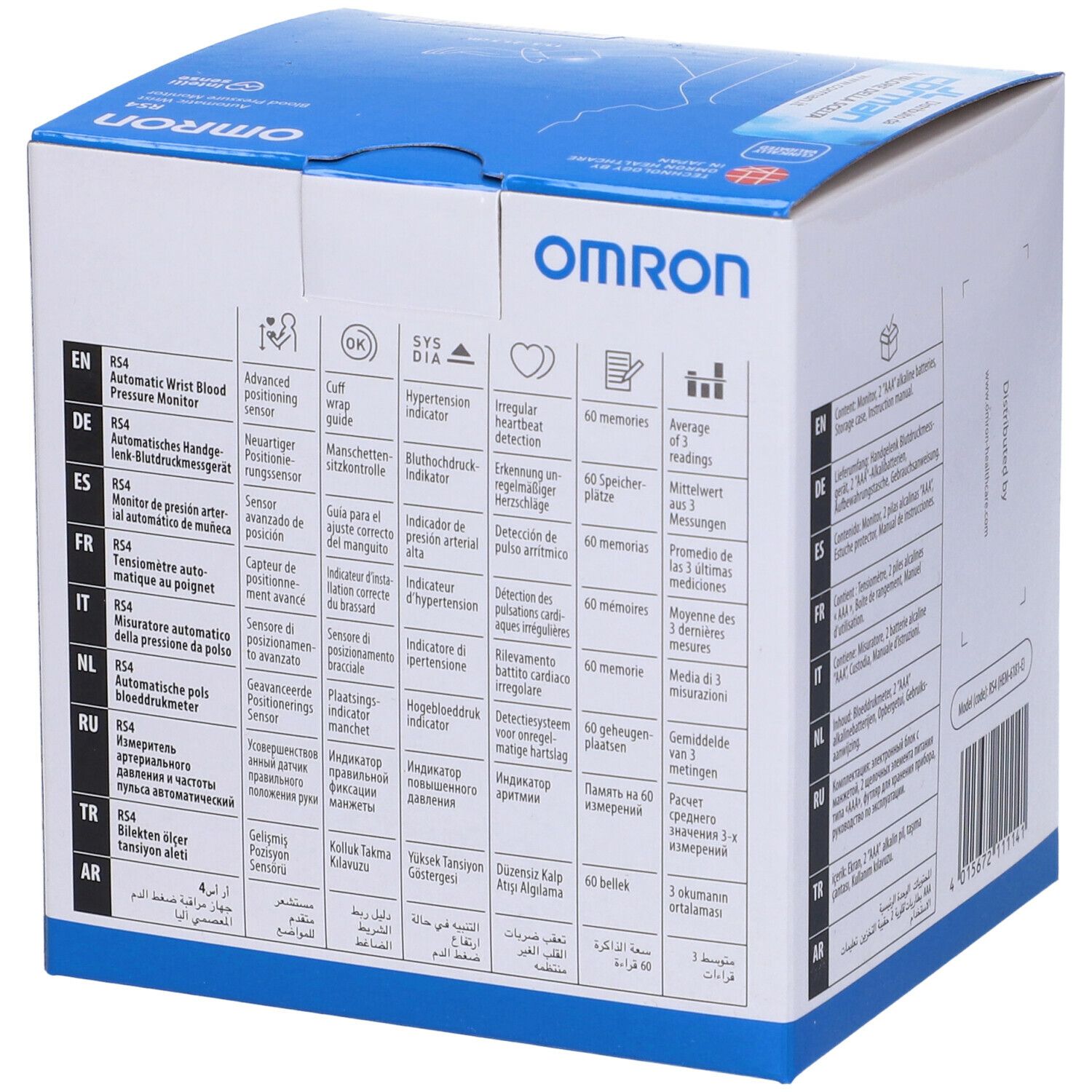 Confezione Omron RS4 con caratteristiche. Rilevamento battito cardiaco irregolare, memoria di 60 misurazioni e media.
