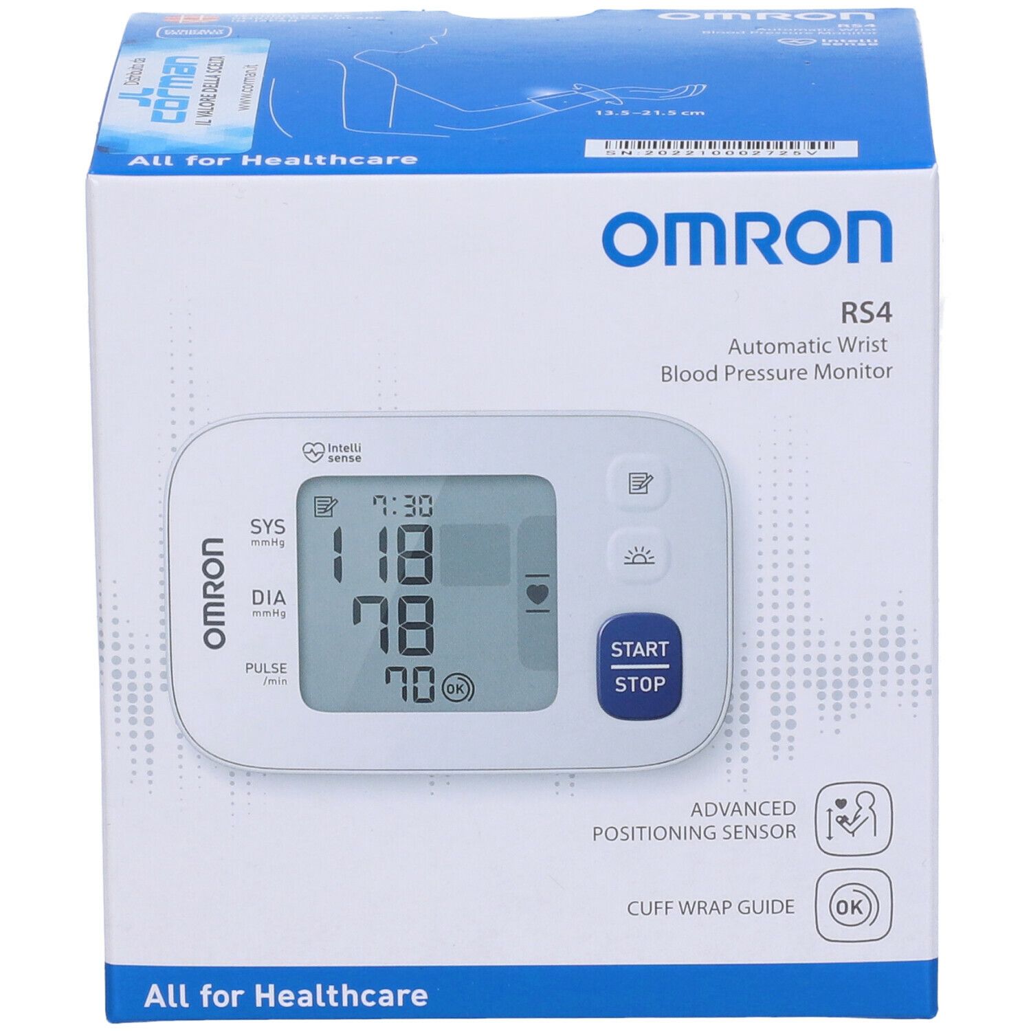 Fronte della confezione Omron RS4. Misuratore di pressione con display. Informazioni su funzioni e certificazioni.