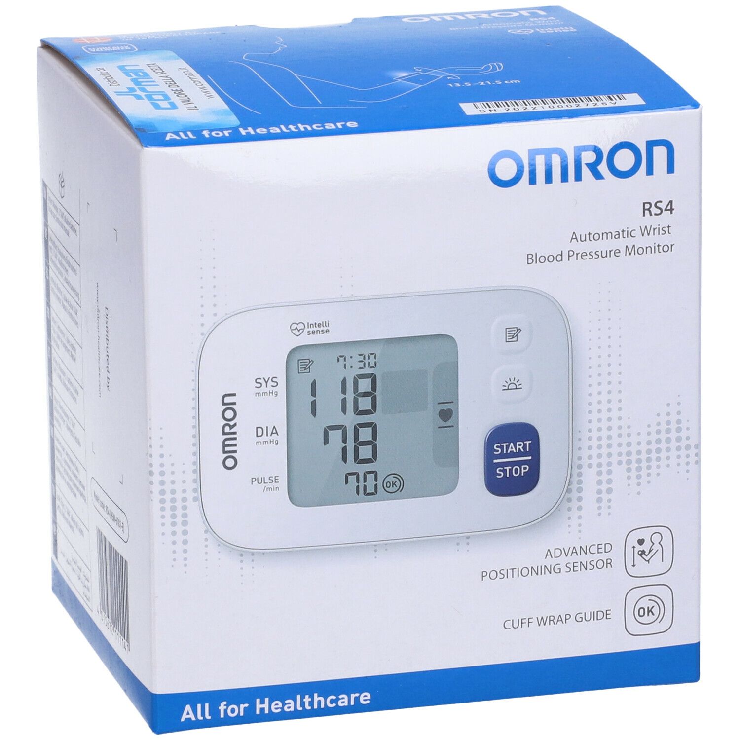 Confezione Omron RS4. Misuratore di pressione con display. Informazioni su funzioni e certificazioni.