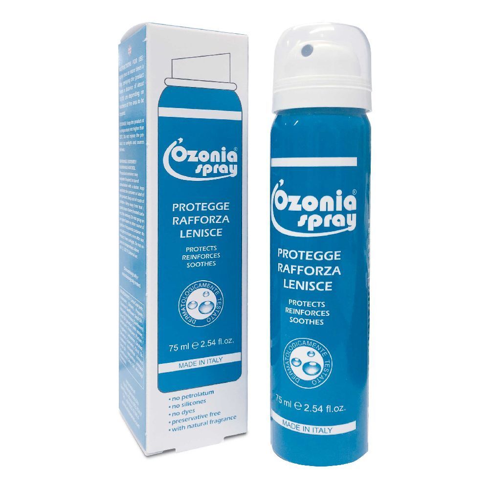 Flacone spray blu con erogatore bianco e scatola. Scritta: Ozonia Spray, protegge, rinforza, lenisce. 75 ml.