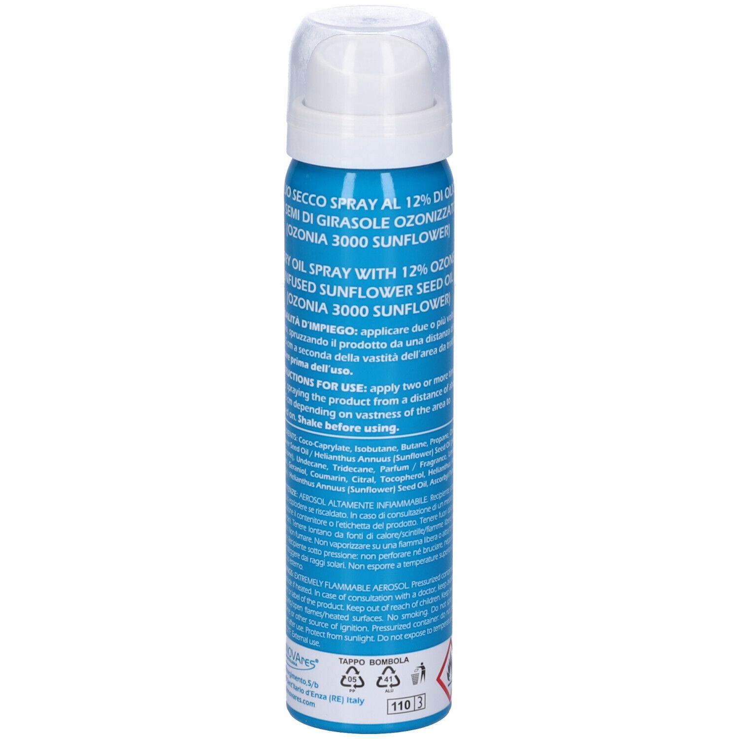 Flacone spray blu con erogatore bianco. Scritta: Ozonia Spray, protegge, rinforza, lenisce. Retro con ingredienti e avvertenze.