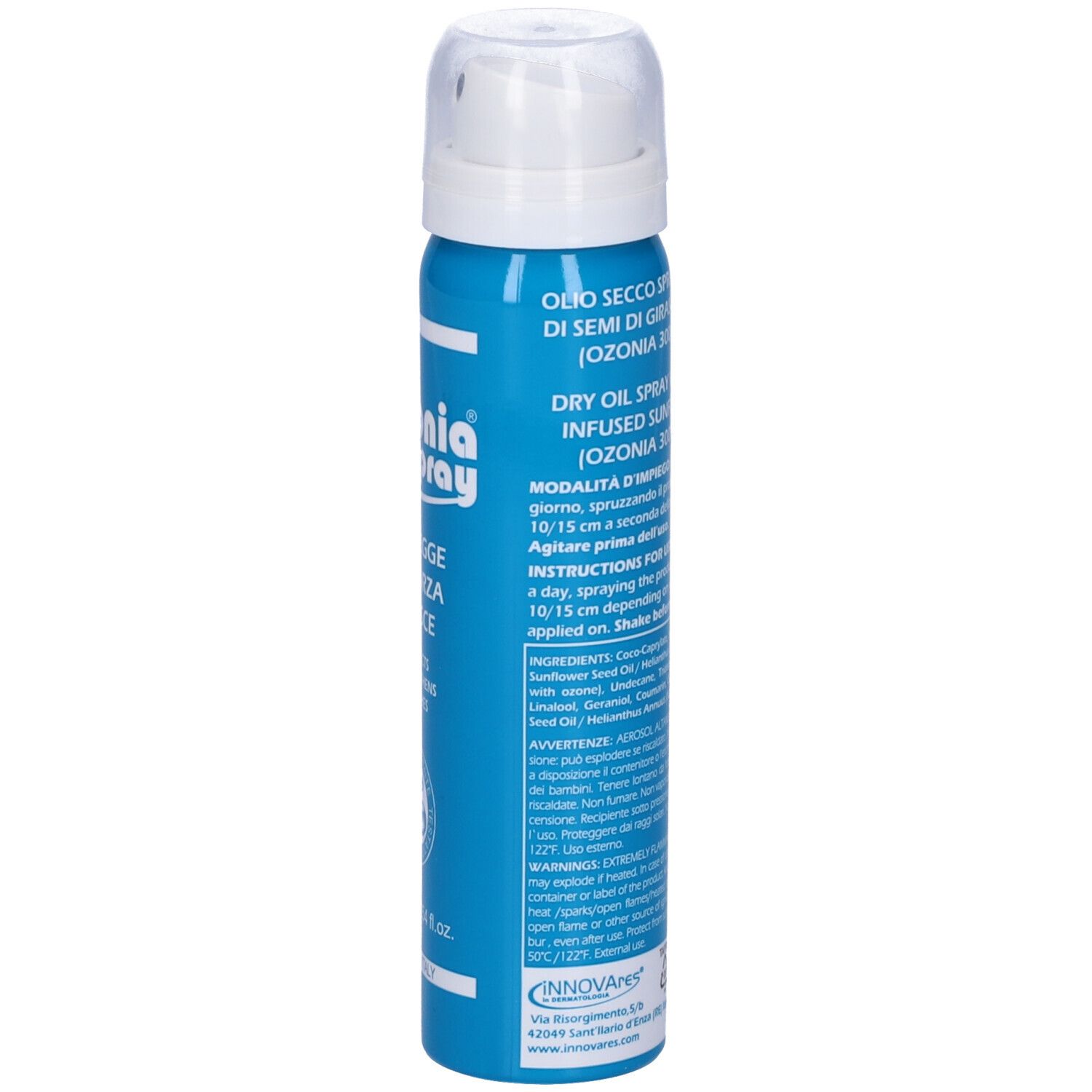Flacone spray blu con erogatore bianco. Scritta: Ozonia Spray, protegge, rinforza, lenisce. Retro con ingredienti e modalità d'uso.