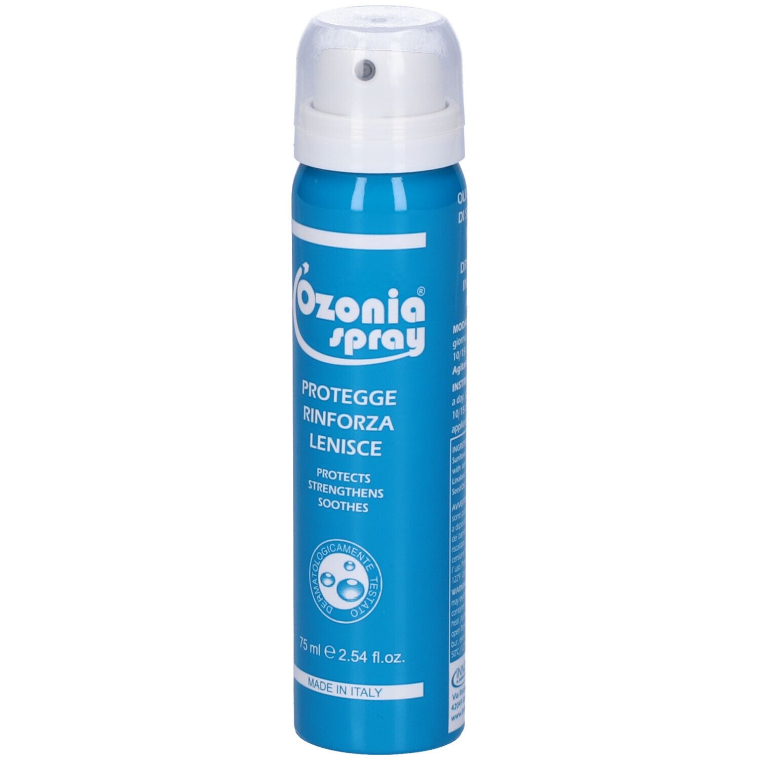 Flacone spray blu con erogatore bianco. Scritta: Ozonia Spray, protegge, rinforza, lenisce. 75 ml. Made in Italy.