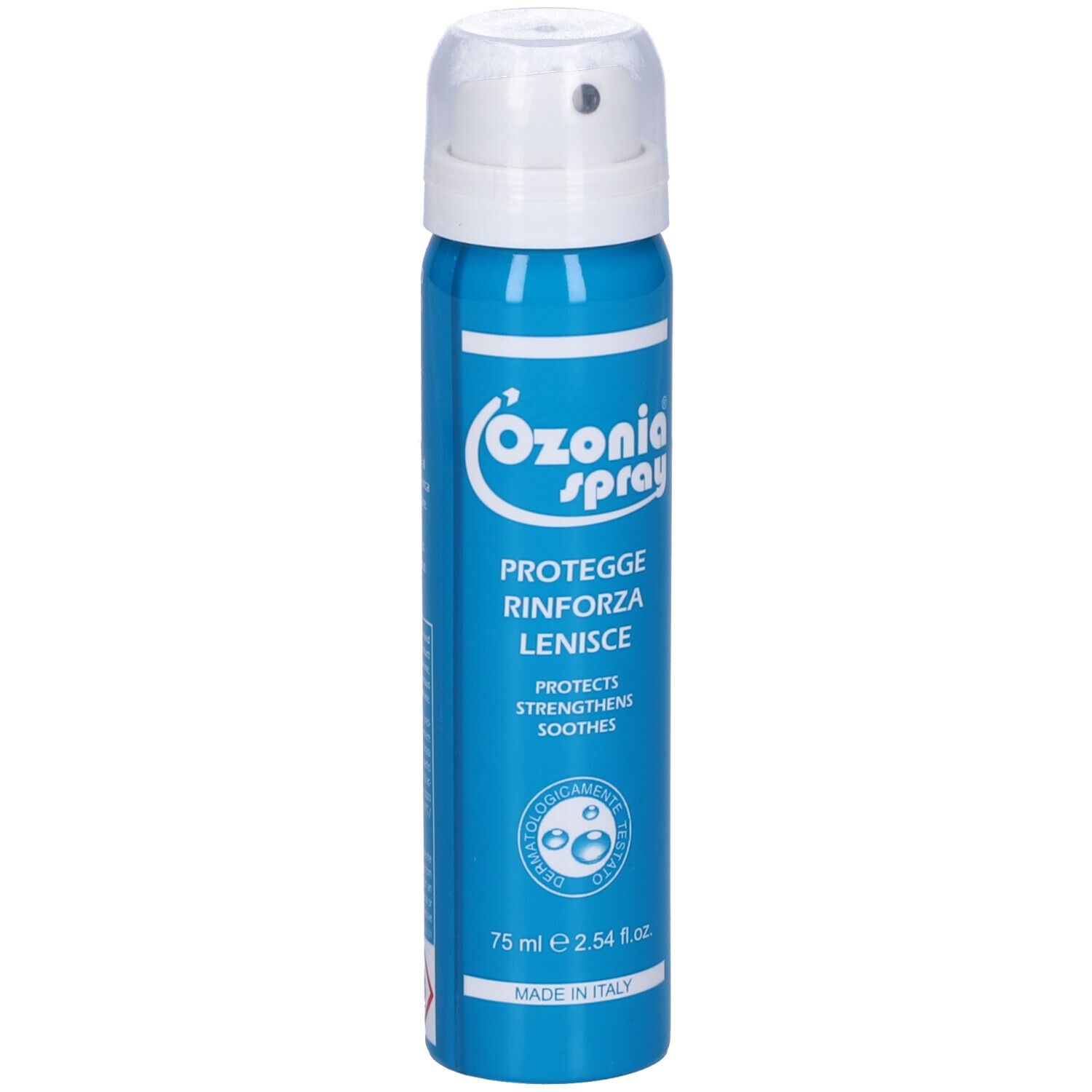 Flacone spray blu con erogatore bianco. Scritta: Ozonia Spray, protegge, rinforza, lenisce. 75 ml. Made in Italy.